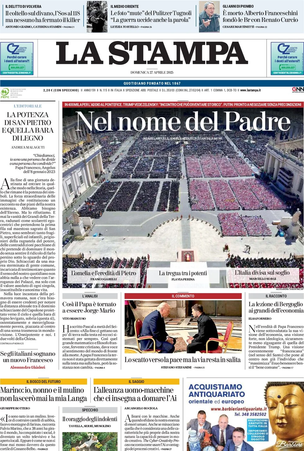 anteprima della prima pagina di la-stampa del 27/04/2025