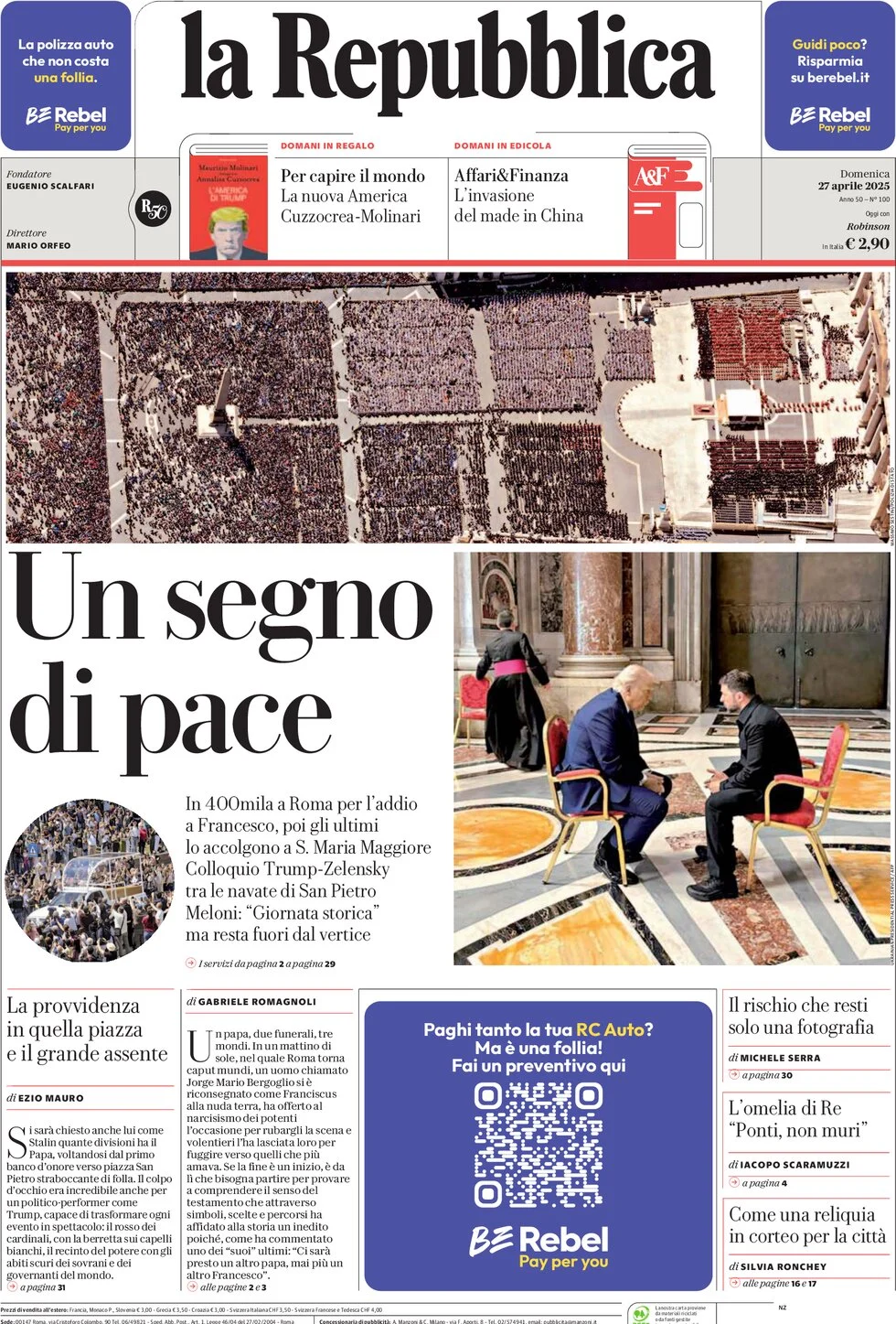 anteprima della prima pagina di la-repubblica del 27/04/2025