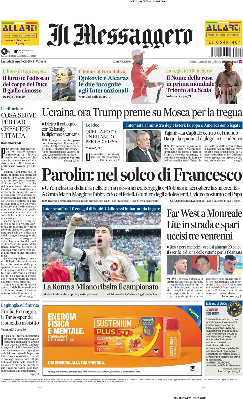 anteprima della prima pagina di il-messaggero del 28/04/2025