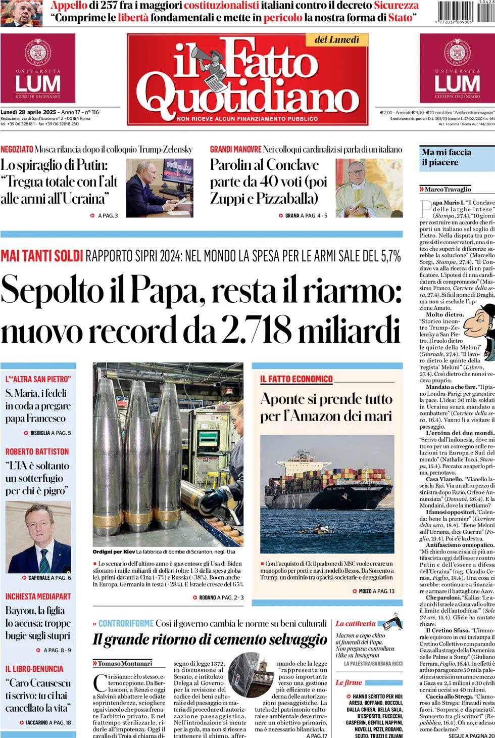 anteprima della prima pagina di il-fatto-quotidiano del 28/04/2025