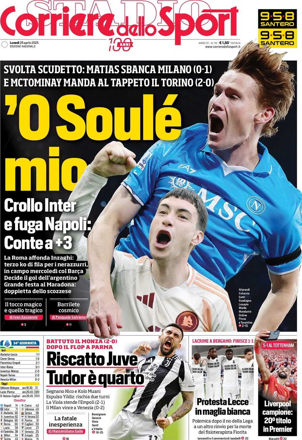 anteprima della prima pagina di corriere-dello-sport del 28/04/2025