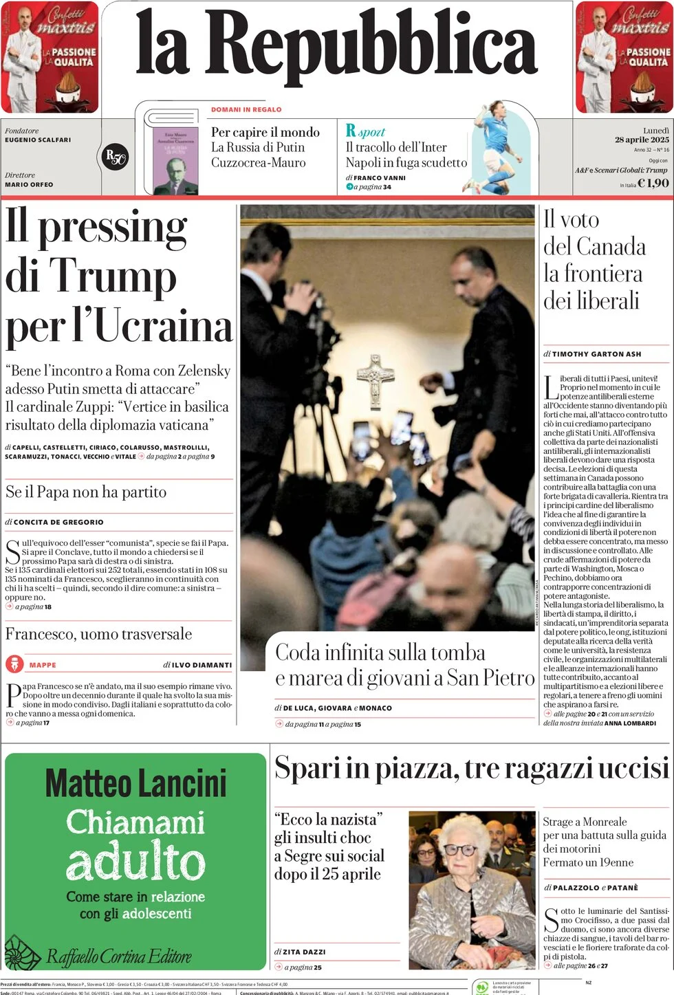 anteprima della prima pagina di la-repubblica del 28/04/2025