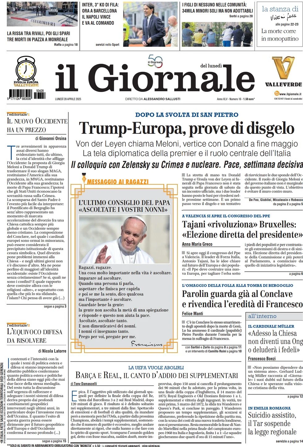anteprima della prima pagina di il-giornale del 28/04/2025