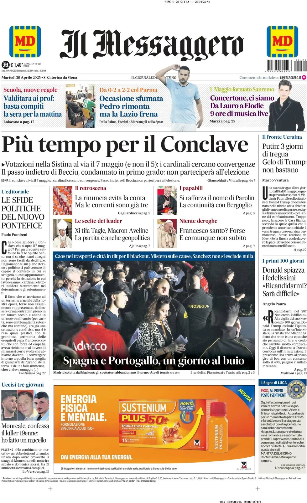 anteprima della prima pagina di il-messaggero del 29/04/2025