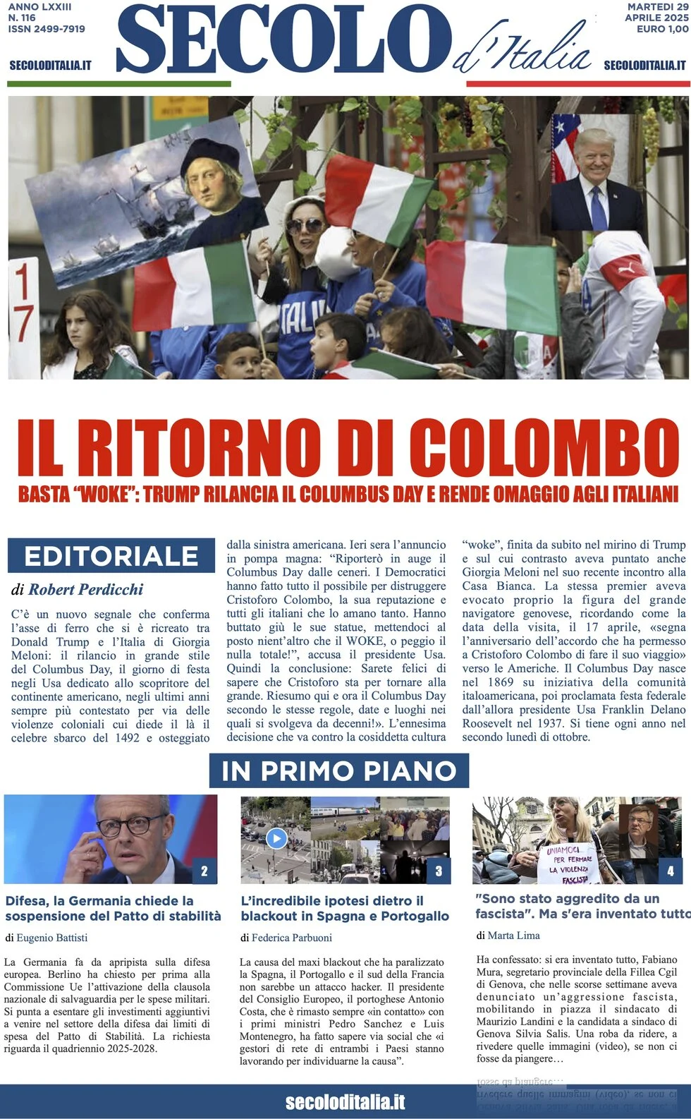 anteprima della prima pagina di secolo-ditalia del 29/04/2025