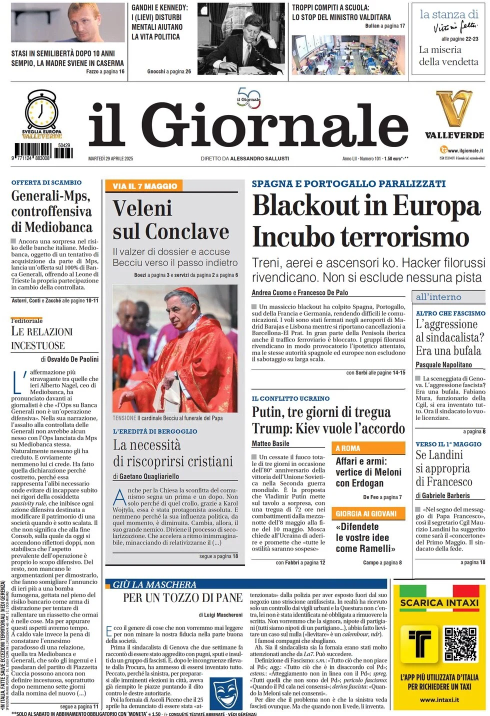 anteprima della prima pagina di il-giornale del 29/04/2025