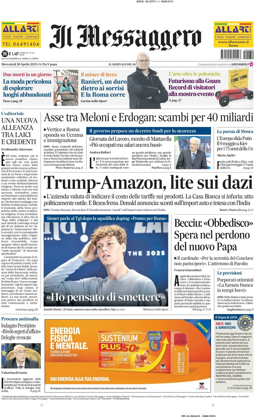 anteprima della prima pagina di il-messaggero del 30/04/2025