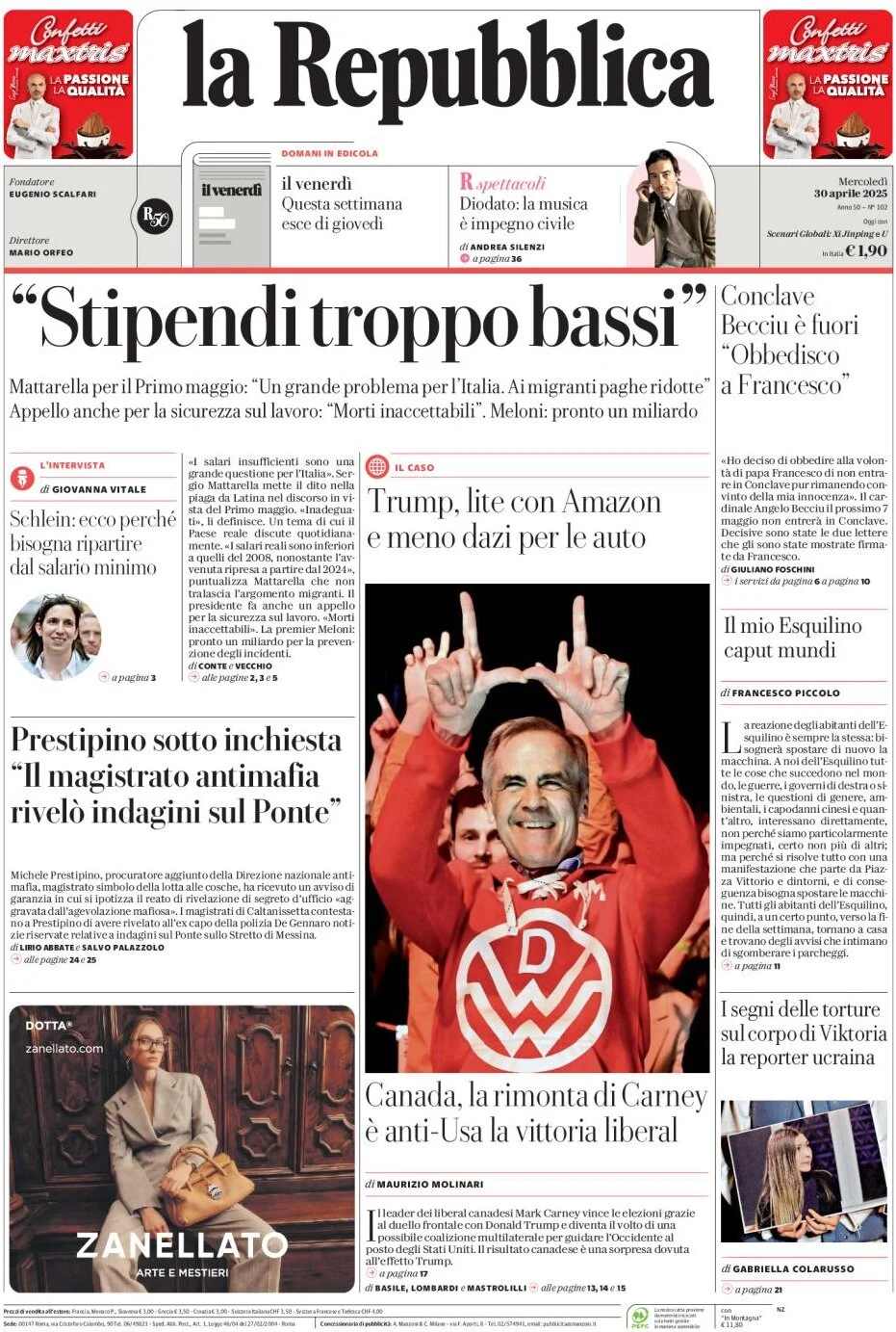 anteprima della prima pagina di la-repubblica del 30/04/2025