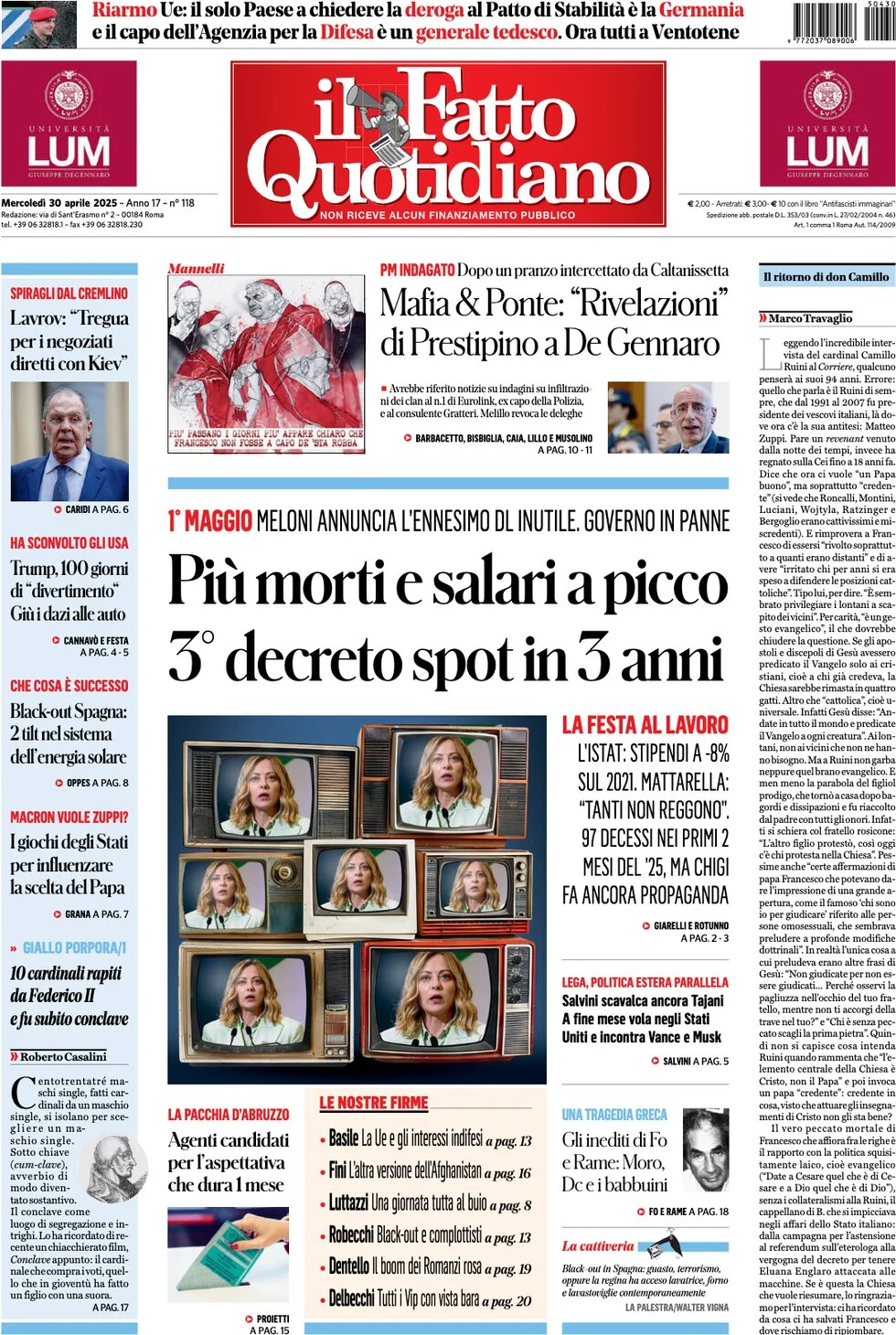 anteprima della prima pagina di il-fatto-quotidiano del 30/04/2025