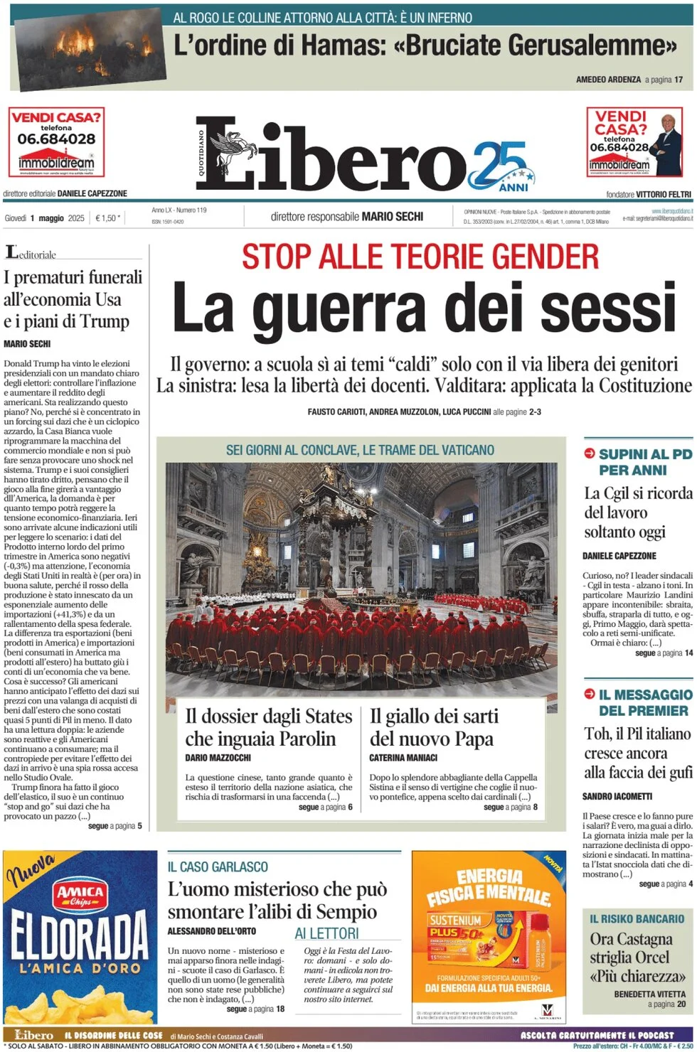 anteprima della prima pagina di libero-quotidiano del 01/05/2025