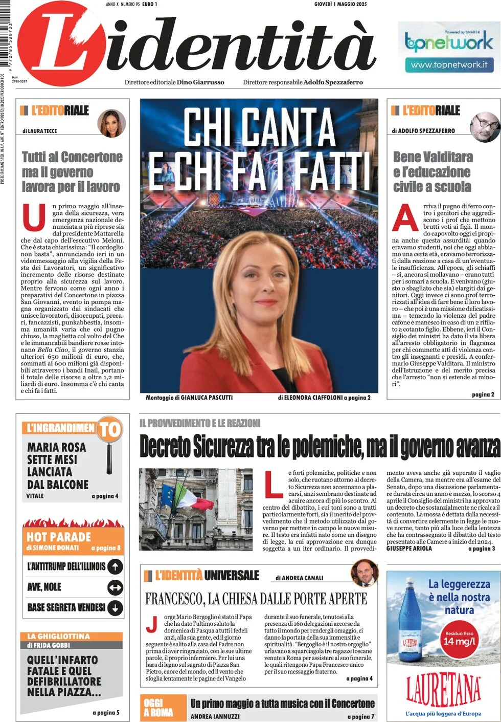 anteprima della prima pagina di lidentit del 01/05/2025