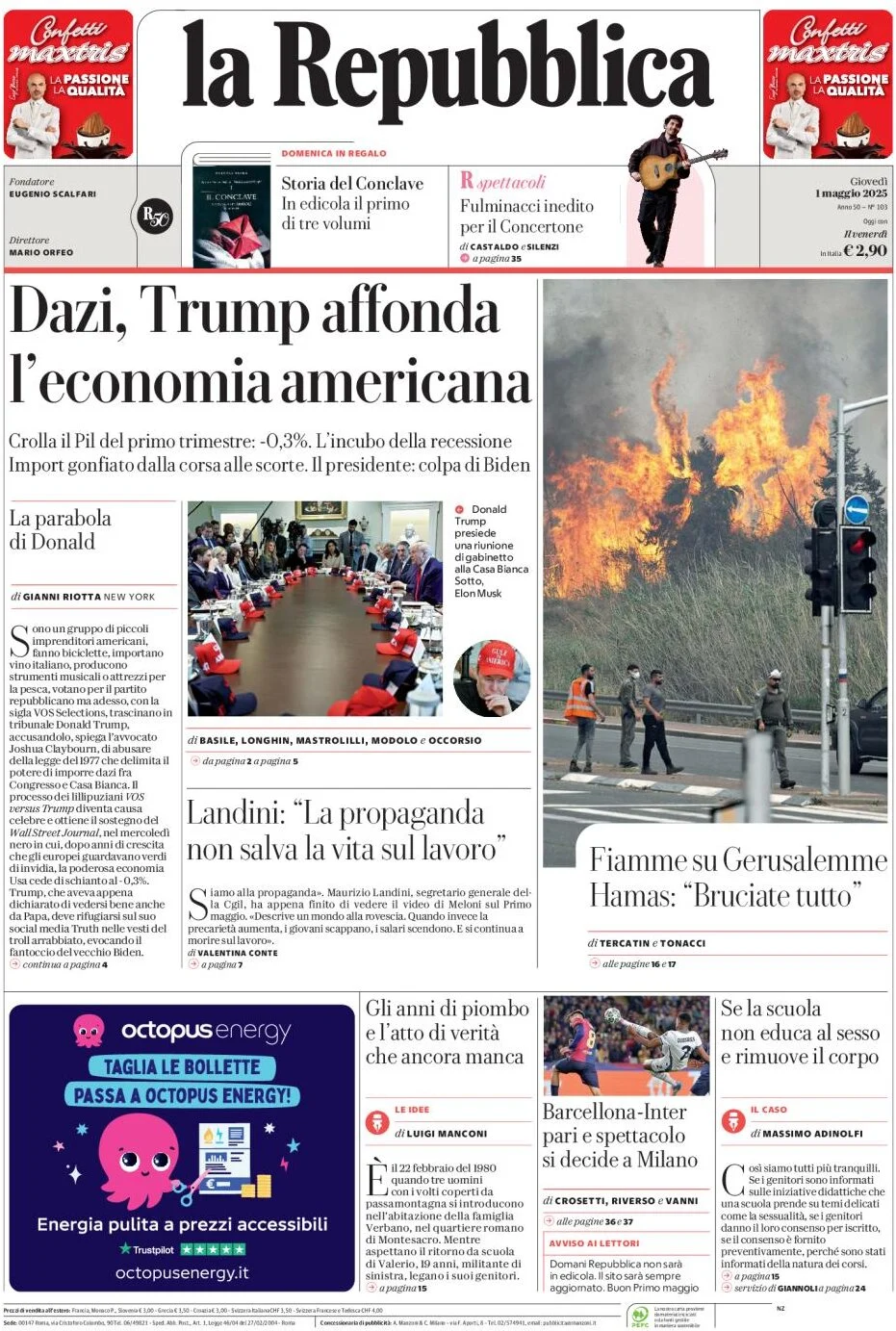 anteprima della prima pagina di la-repubblica del 01/05/2025