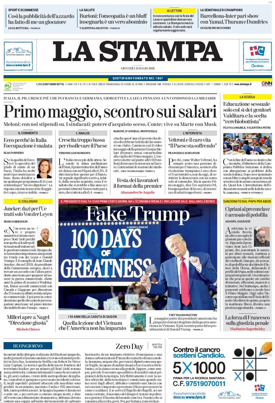 anteprima della prima pagina di la-stampa del 01/05/2025