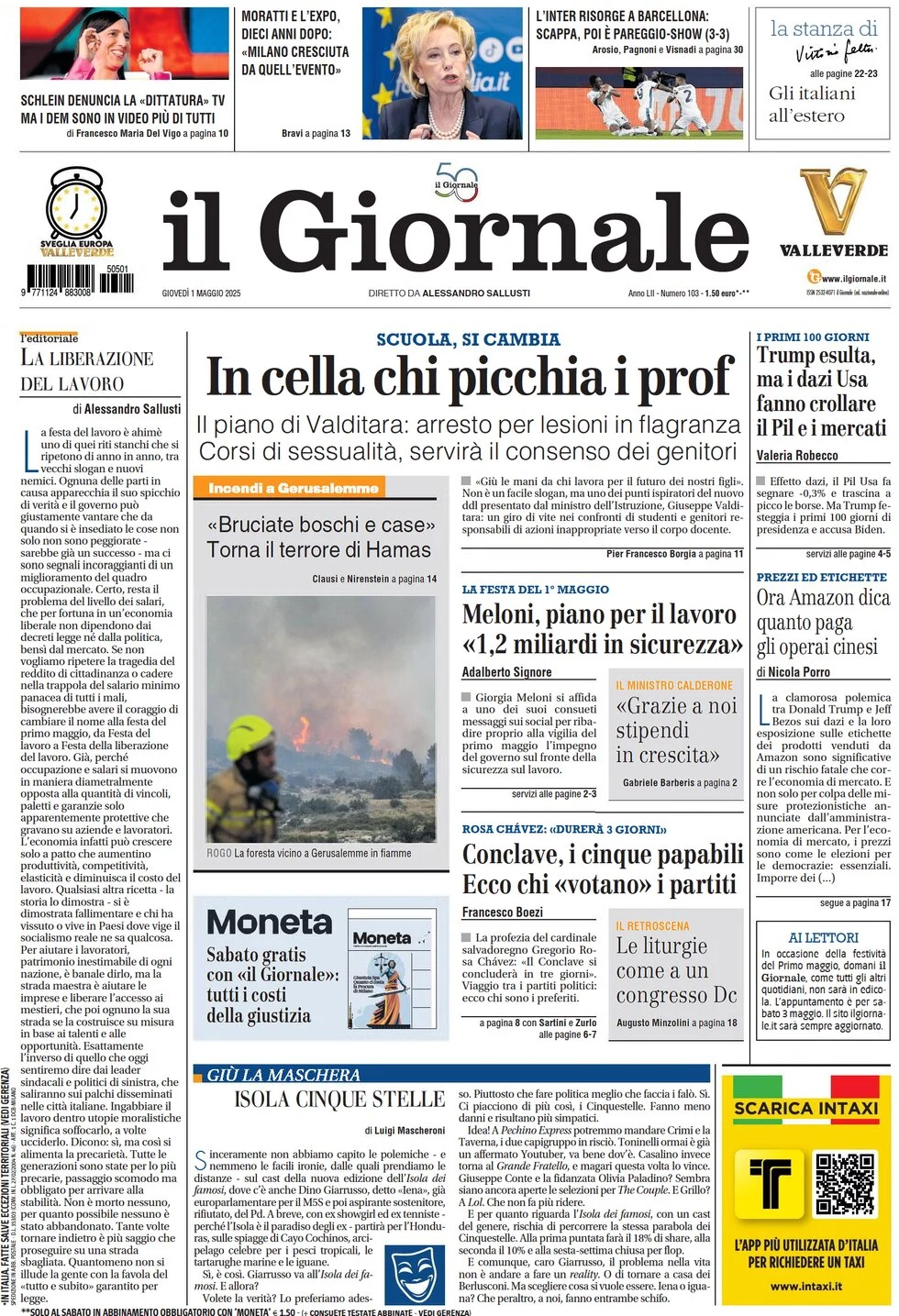 anteprima della prima pagina di il-giornale del 01/05/2025