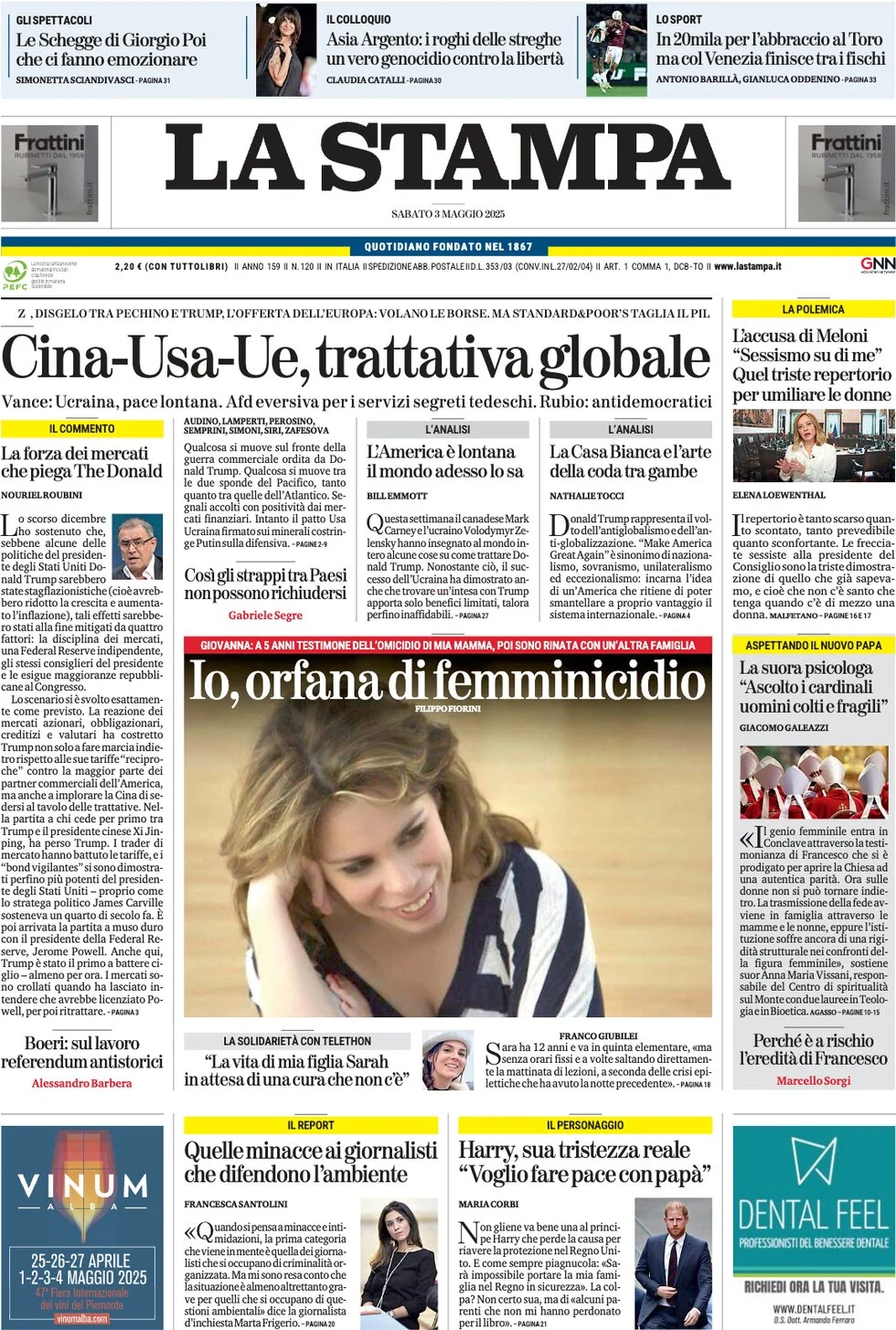 anteprima della prima pagina di la-stampa del 03/05/2025