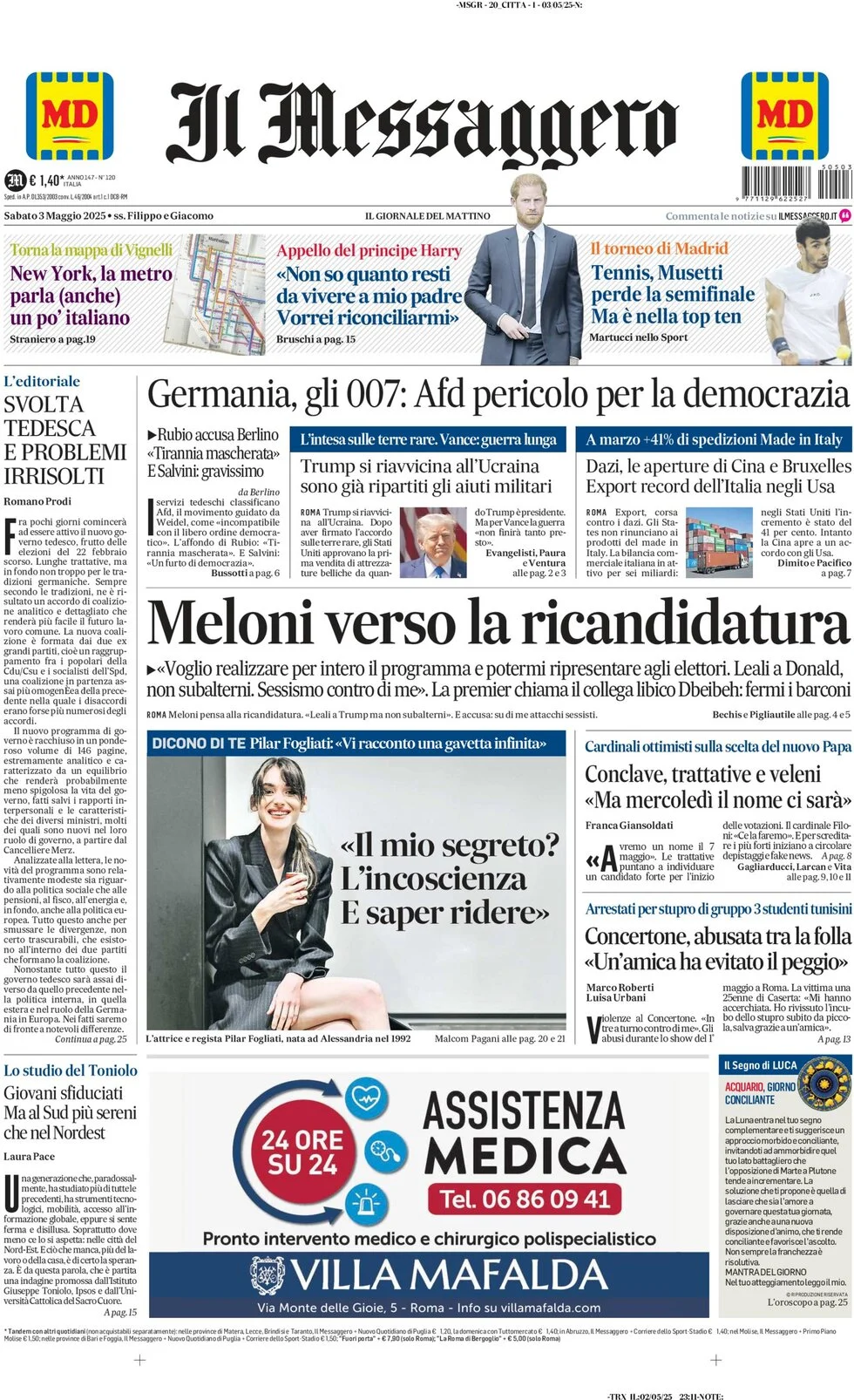anteprima della prima pagina di il-messaggero del 03/05/2025