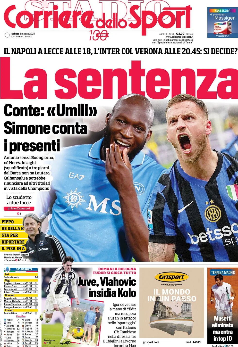 anteprima della prima pagina di corriere-dello-sport del 03/05/2025