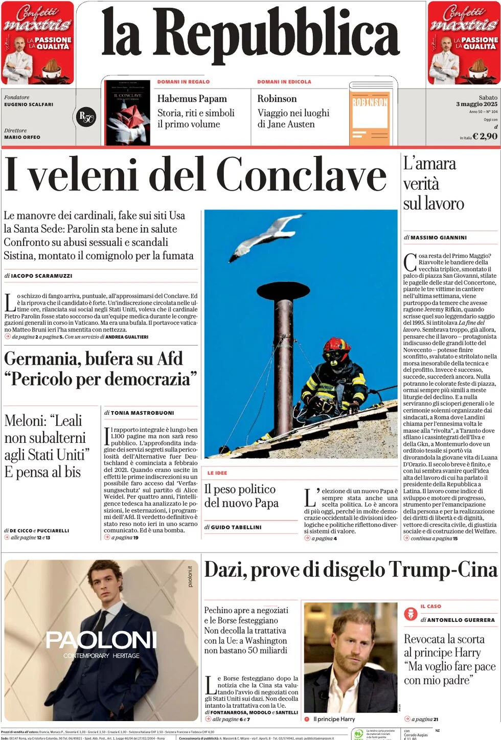 anteprima della prima pagina di la-repubblica del 03/05/2025