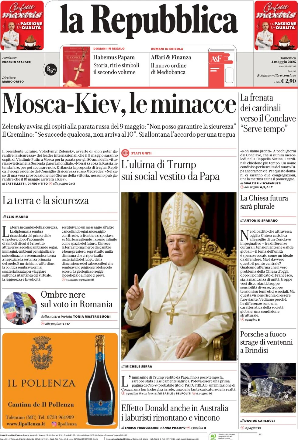 anteprima della prima pagina di la-repubblica del 04/05/2025