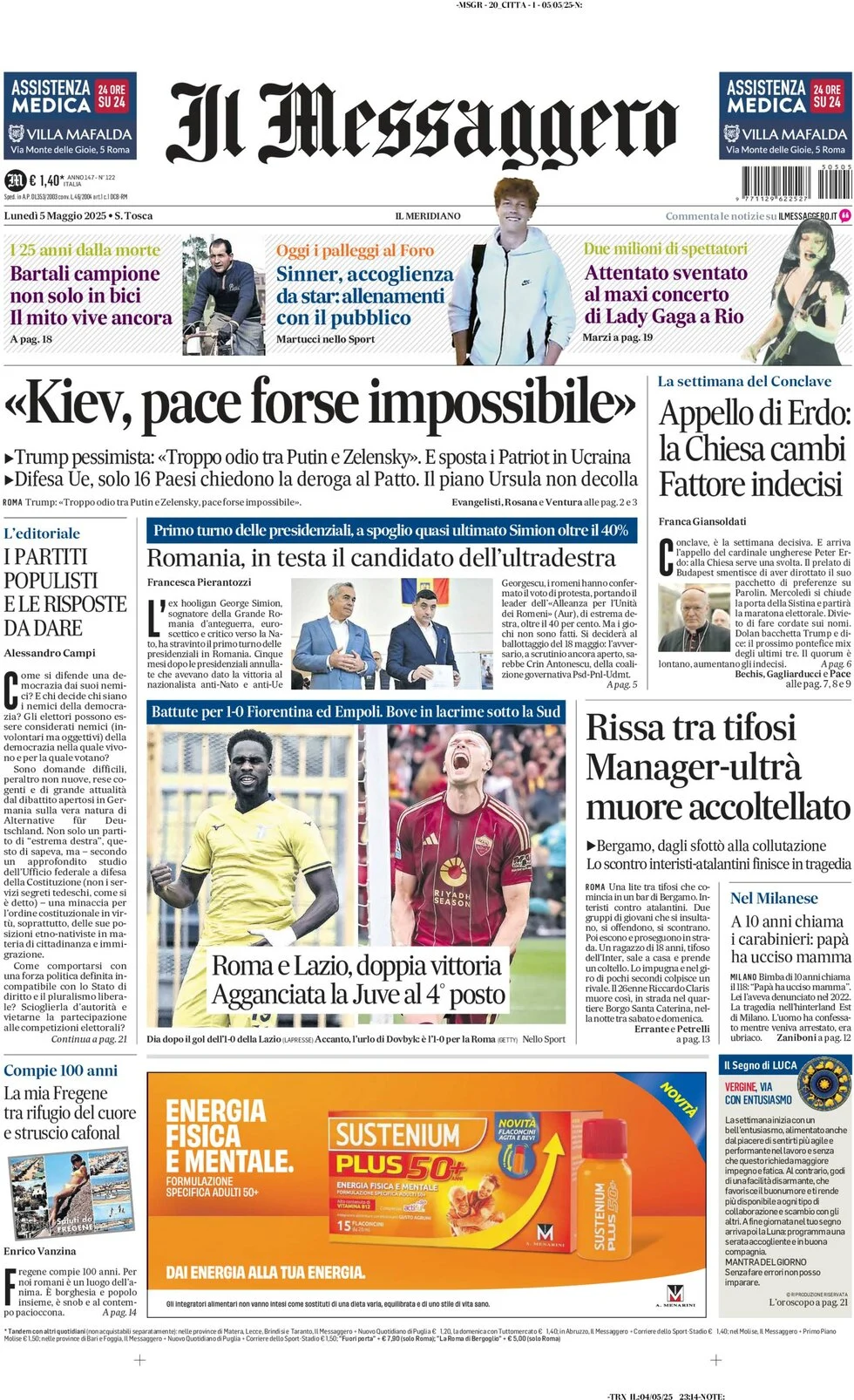 anteprima della prima pagina di il-messaggero del 05/05/2025