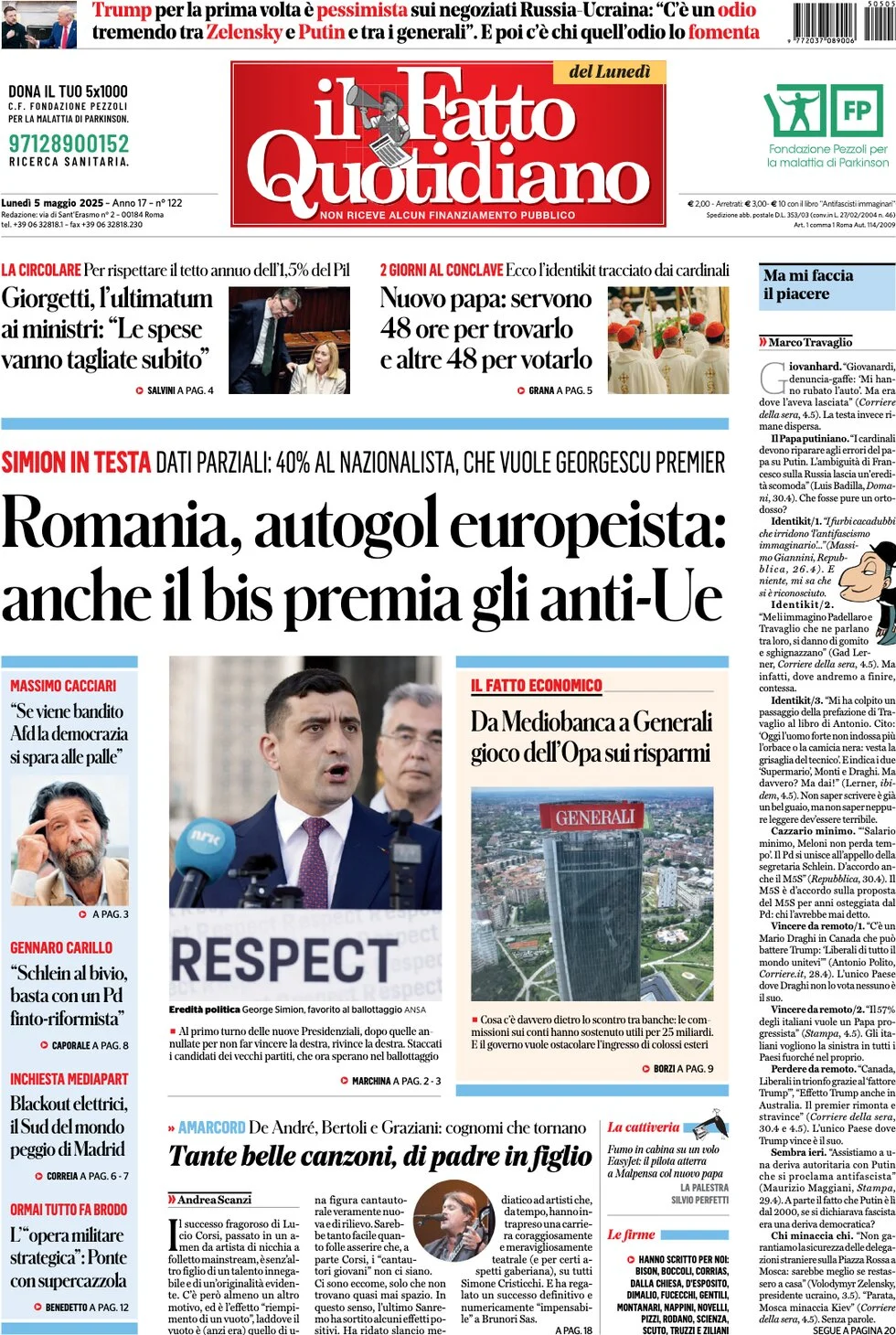 anteprima della prima pagina di il-fatto-quotidiano del 05/05/2025