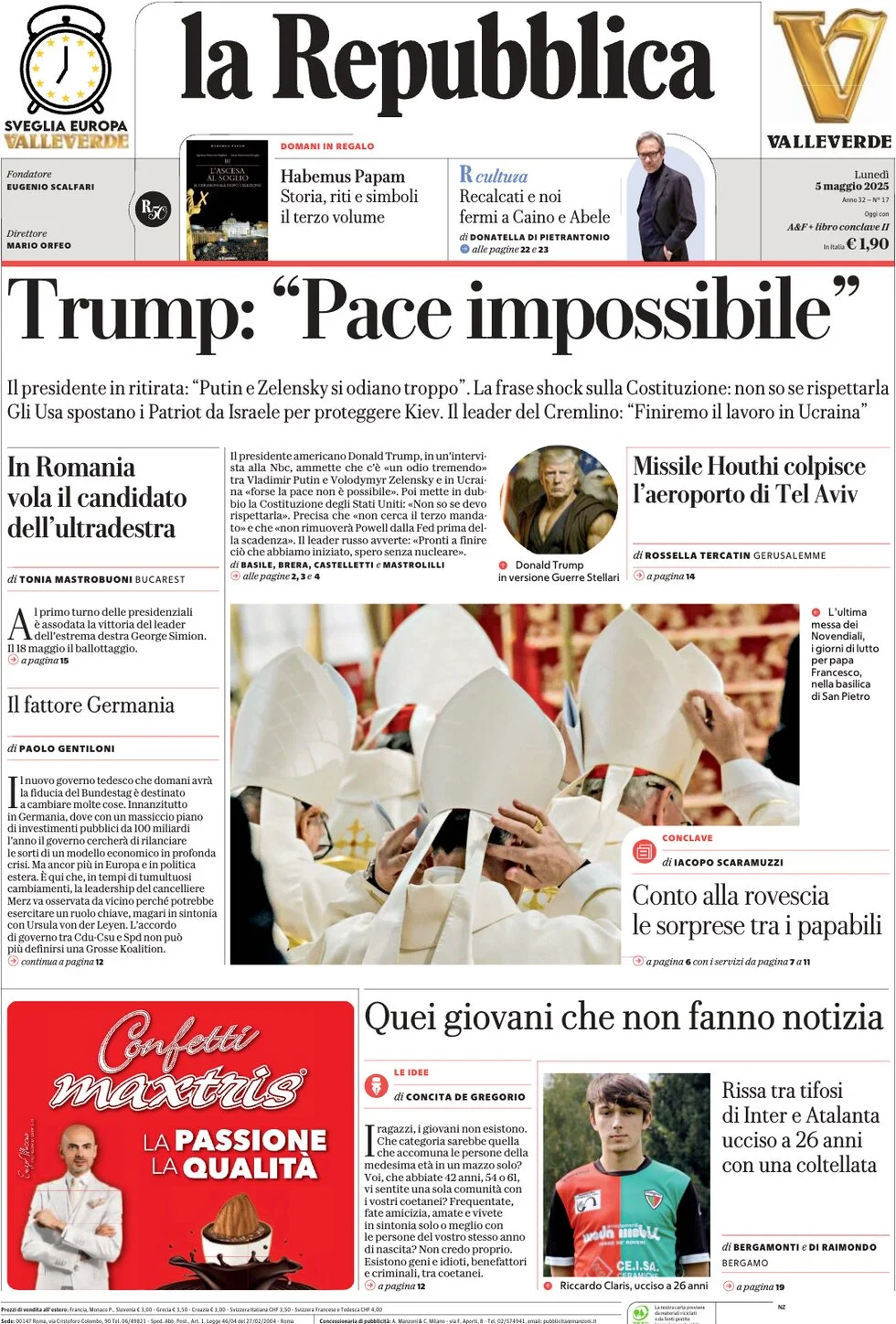 anteprima della prima pagina di la-repubblica del 05/05/2025
