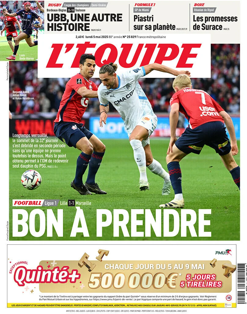 anteprima della prima pagina di lequipe del 05/05/2025