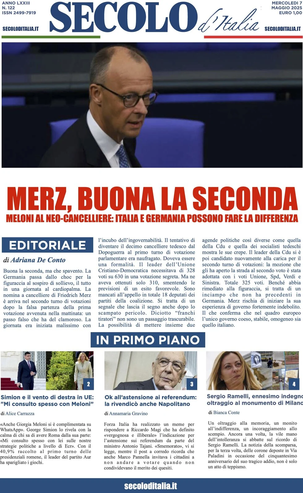 anteprima della prima pagina di secolo-ditalia del 07/05/2025