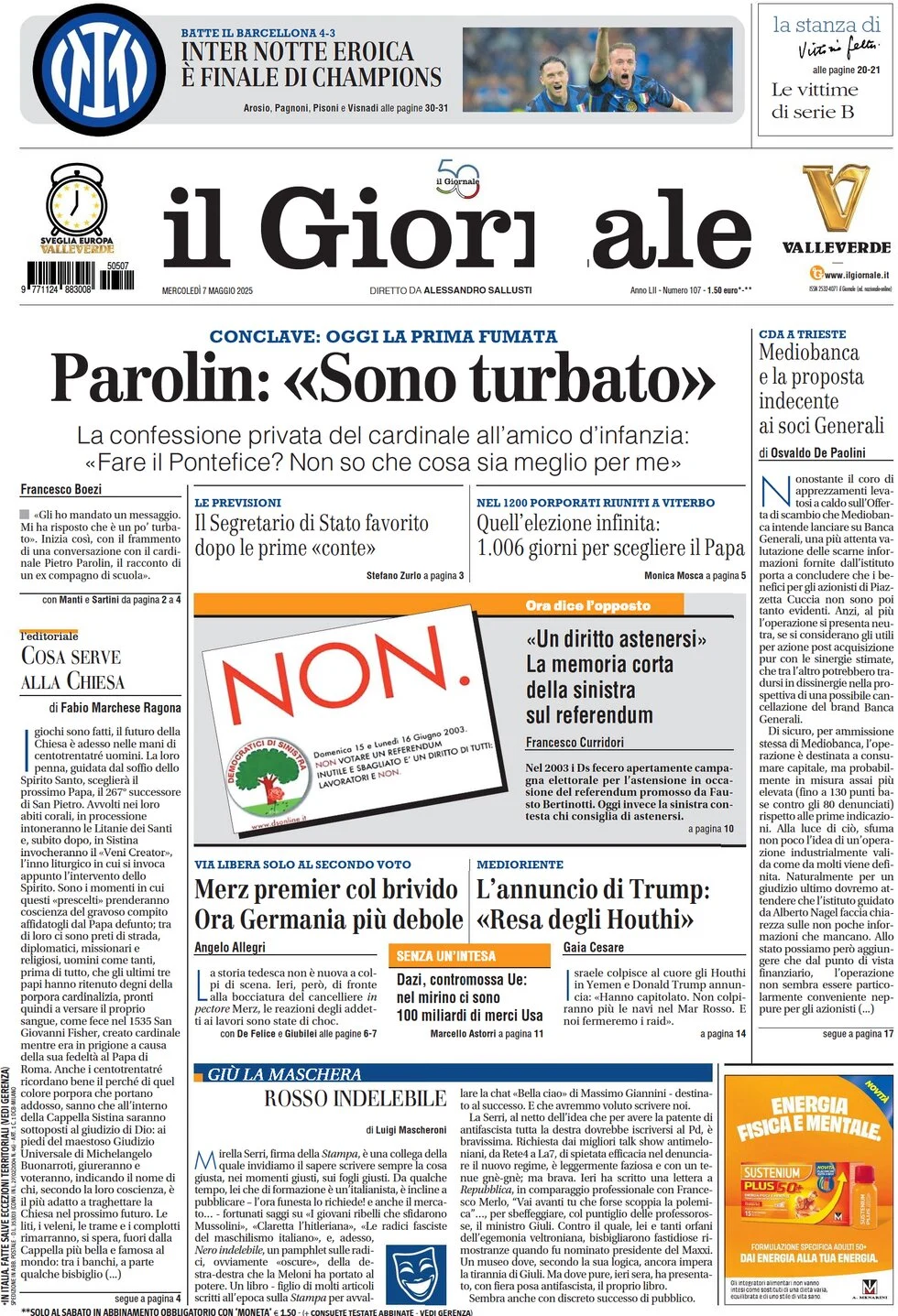 anteprima della prima pagina di il-giornale del 07/05/2025