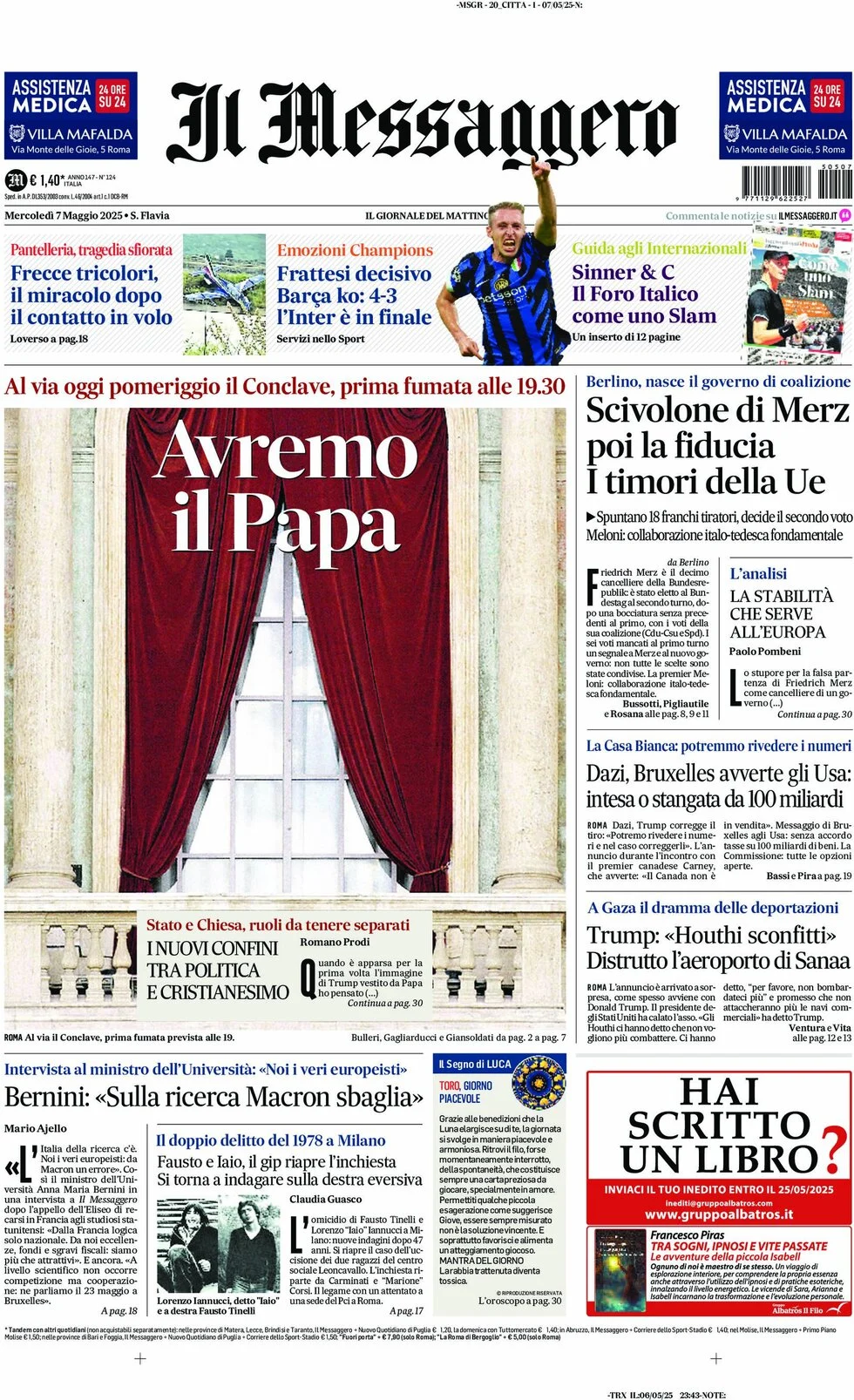 anteprima della prima pagina di il-messaggero del 07/05/2025