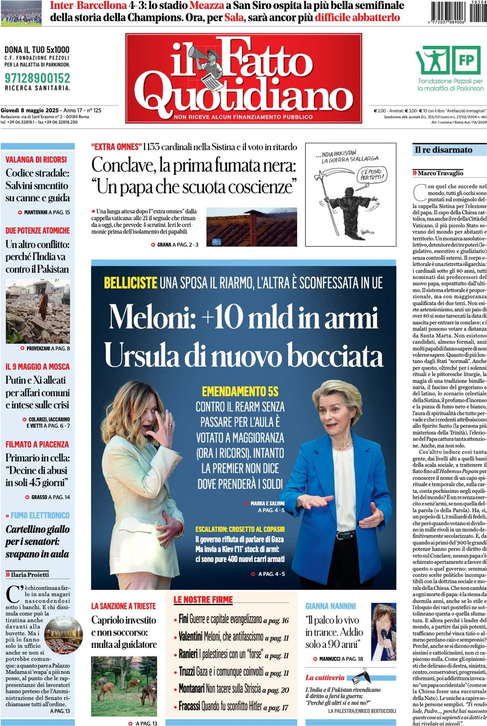 anteprima della prima pagina di il-fatto-quotidiano del 08/05/2025