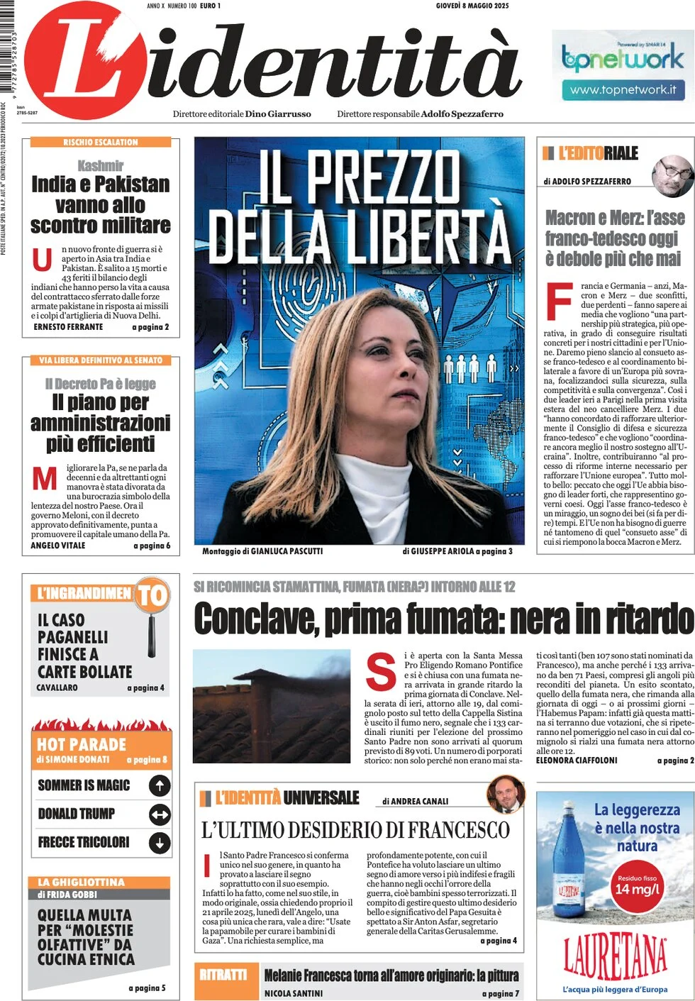 anteprima della prima pagina di lidentit del 08/05/2025