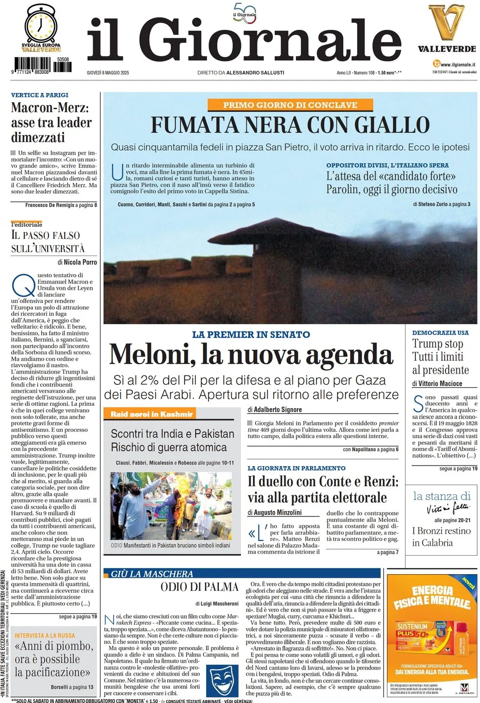anteprima della prima pagina di il-giornale del 08/05/2025