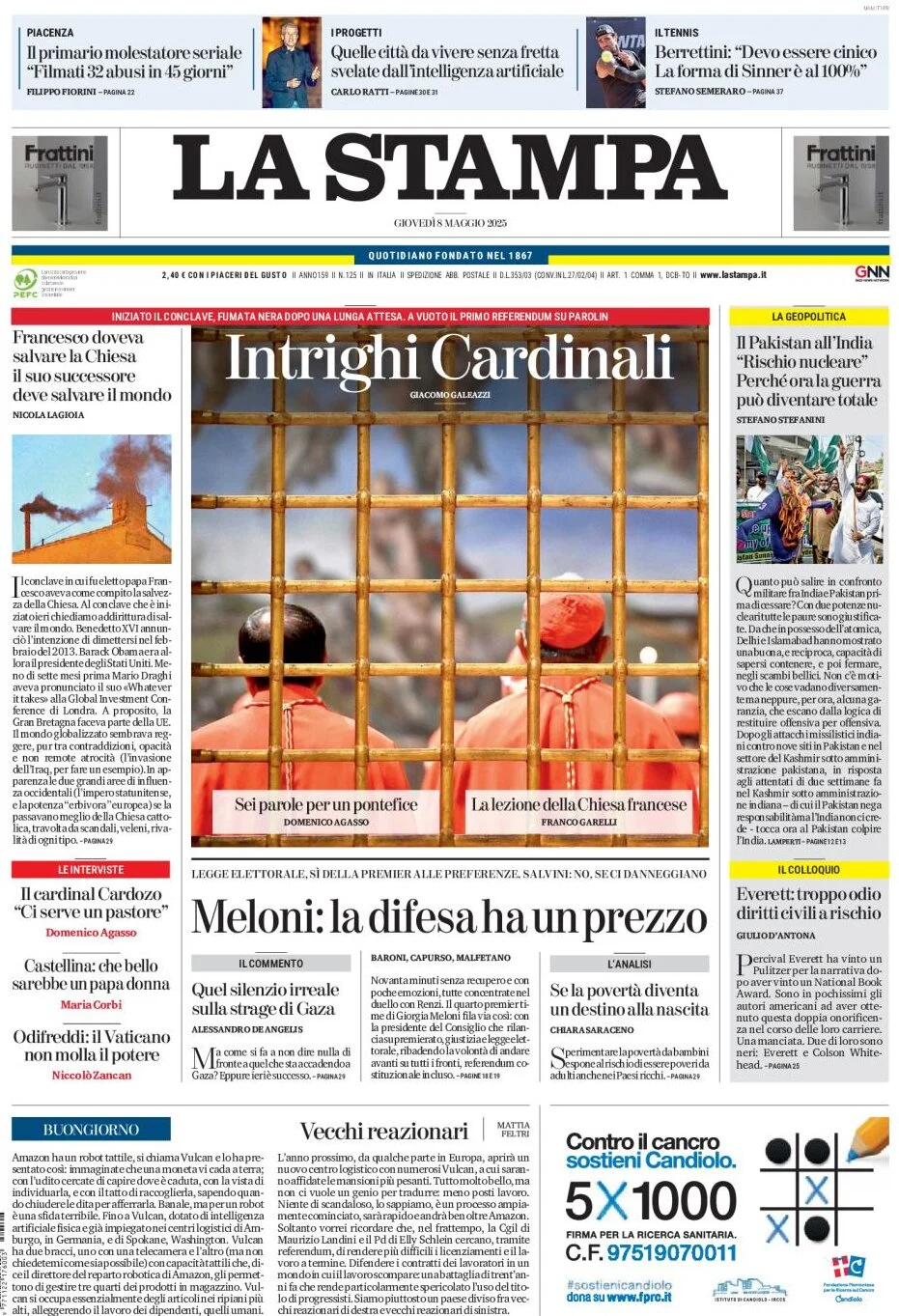 anteprima della prima pagina di la-stampa del 08/05/2025
