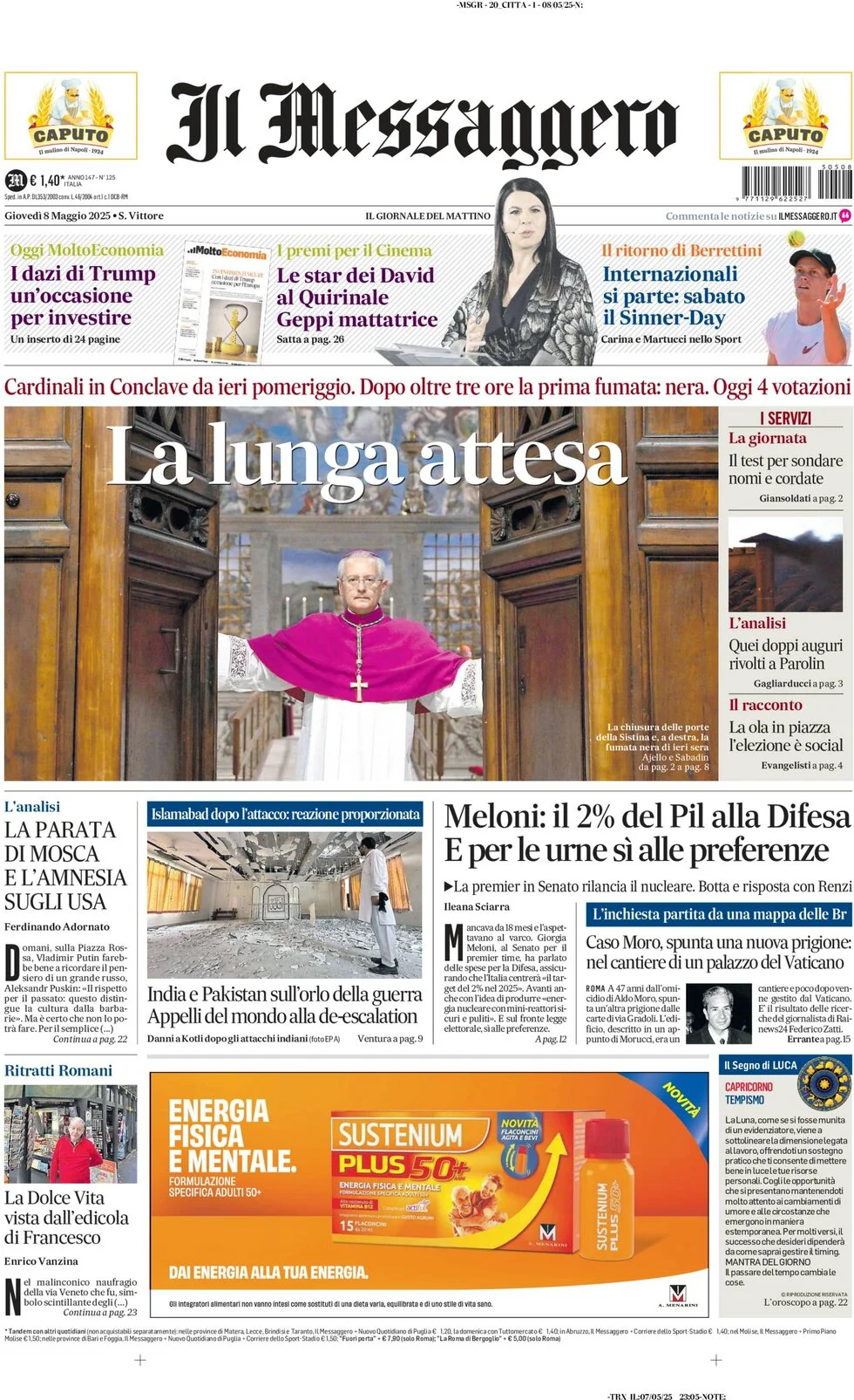 anteprima della prima pagina di il-messaggero del 08/05/2025