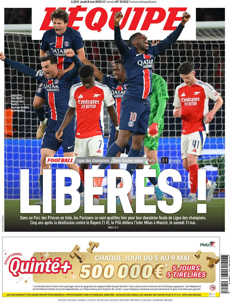 anteprima della prima pagina di lequipe del 08/05/2025