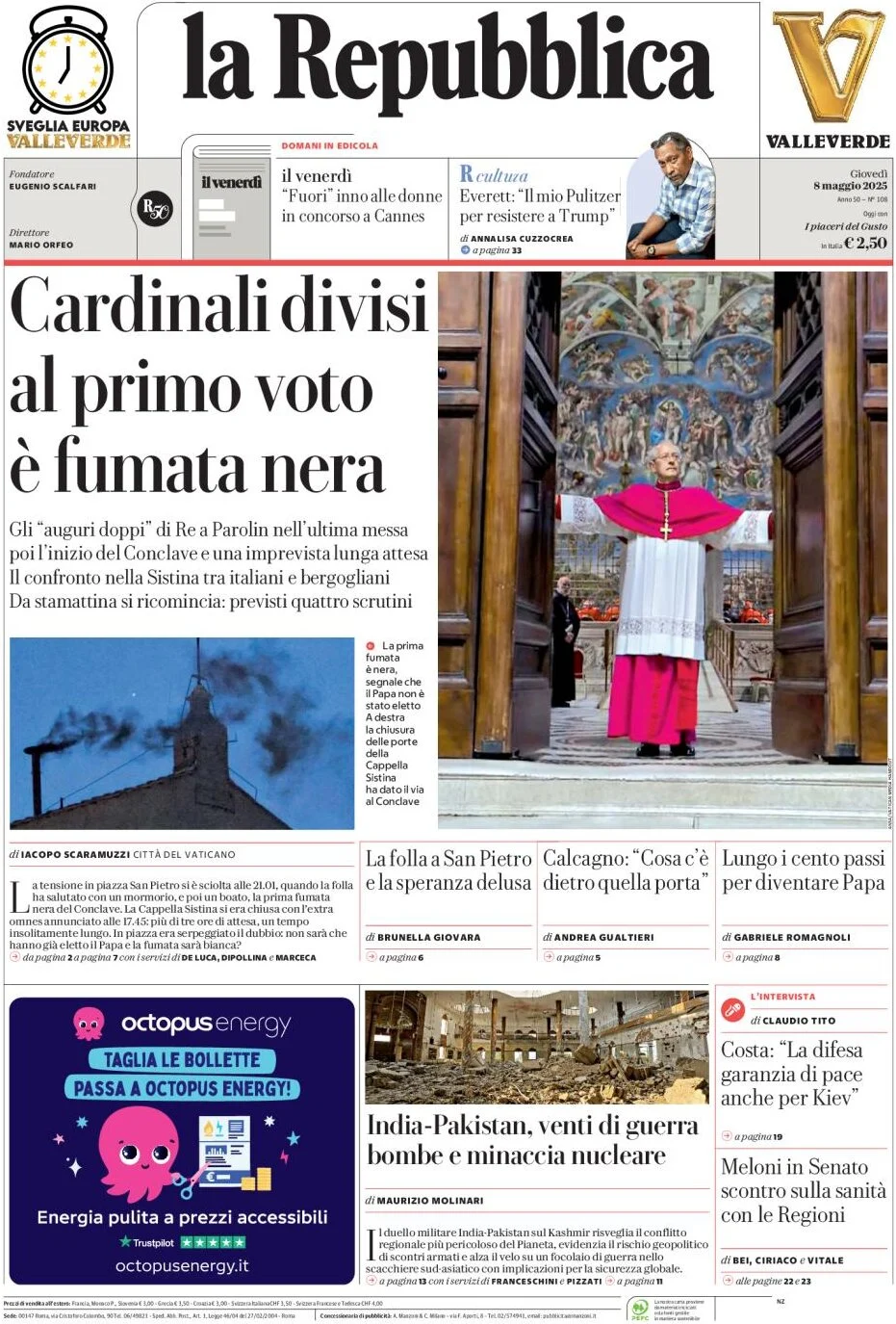 anteprima della prima pagina di la-repubblica del 08/05/2025