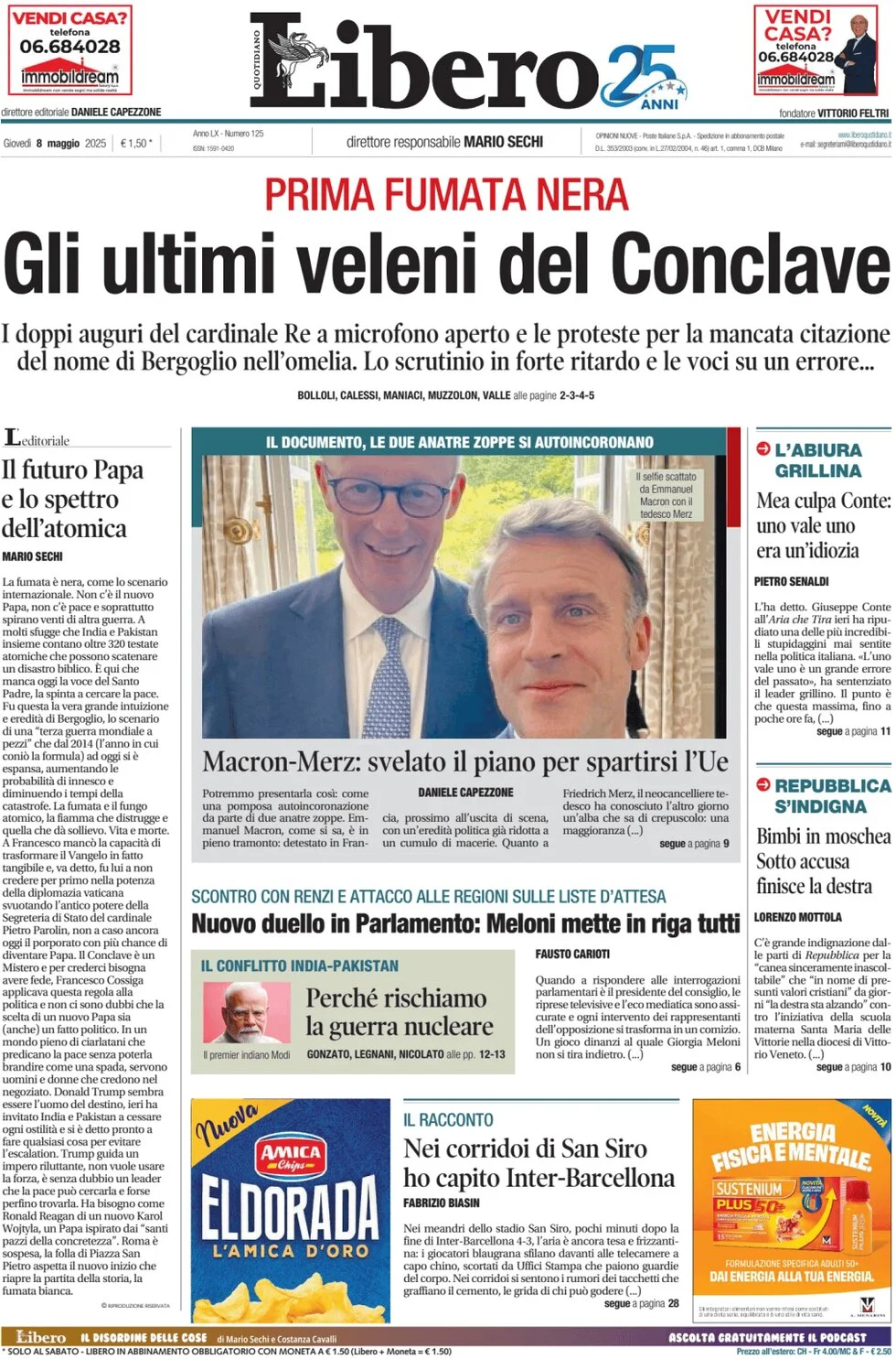 anteprima della prima pagina di libero-quotidiano del 08/05/2025