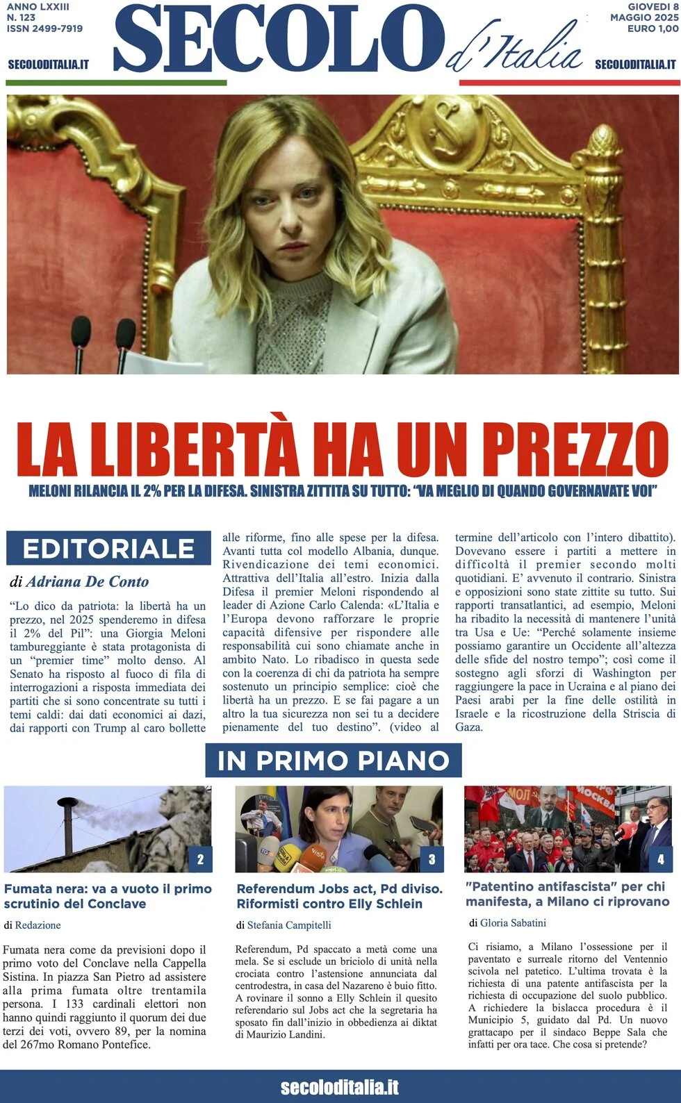 anteprima della prima pagina di secolo-ditalia del 08/05/2025
