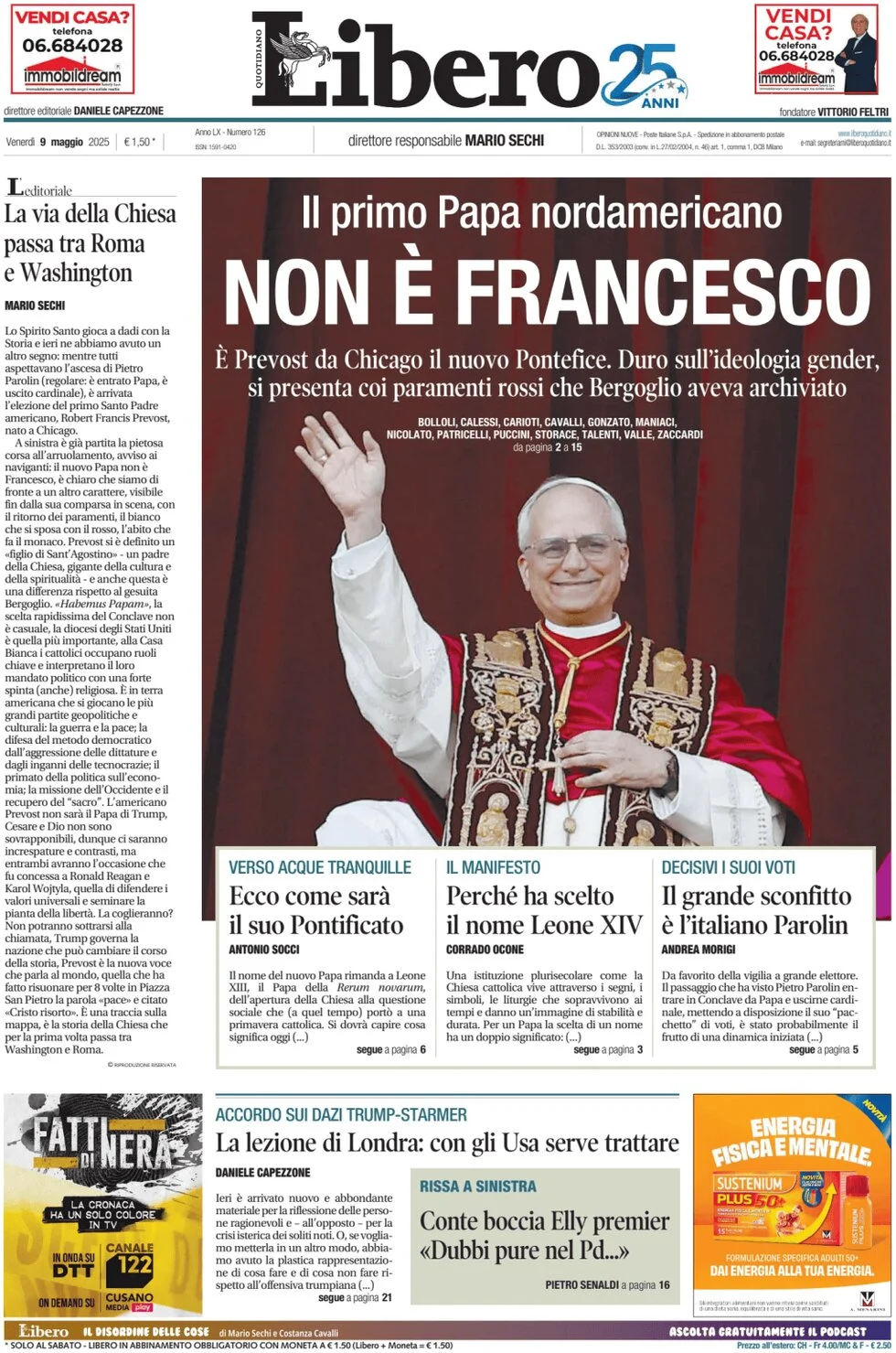 anteprima della prima pagina di libero-quotidiano del 09/05/2025