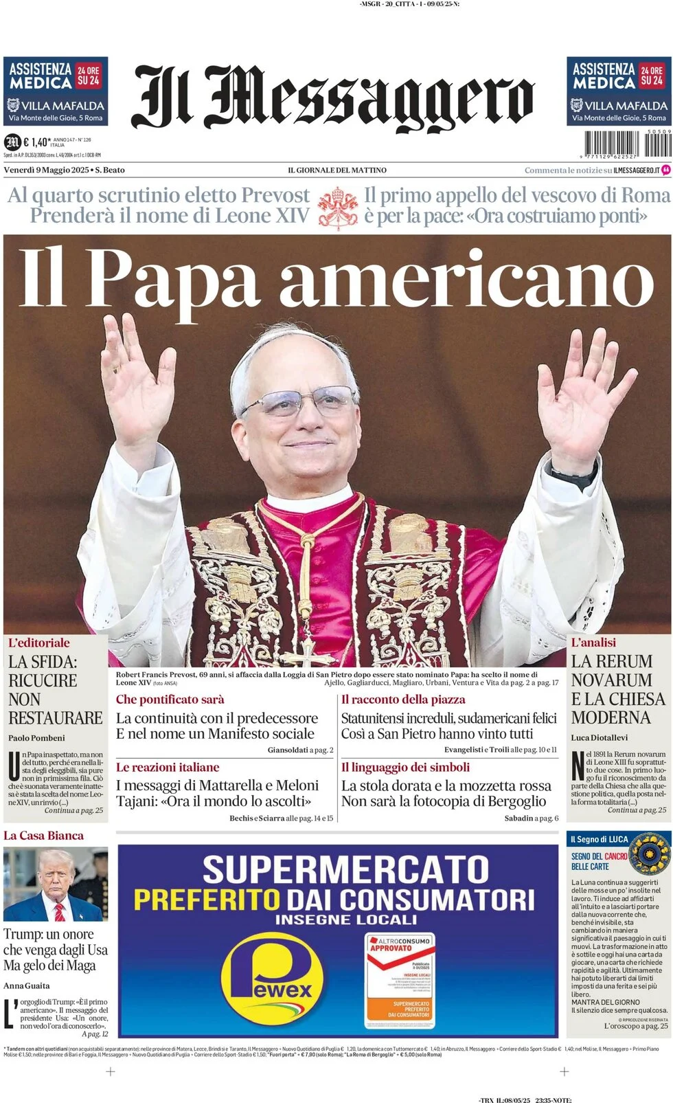 anteprima della prima pagina di il-messaggero del 09/05/2025