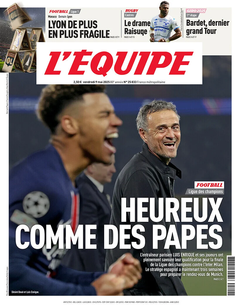 anteprima della prima pagina di lequipe del 09/05/2025