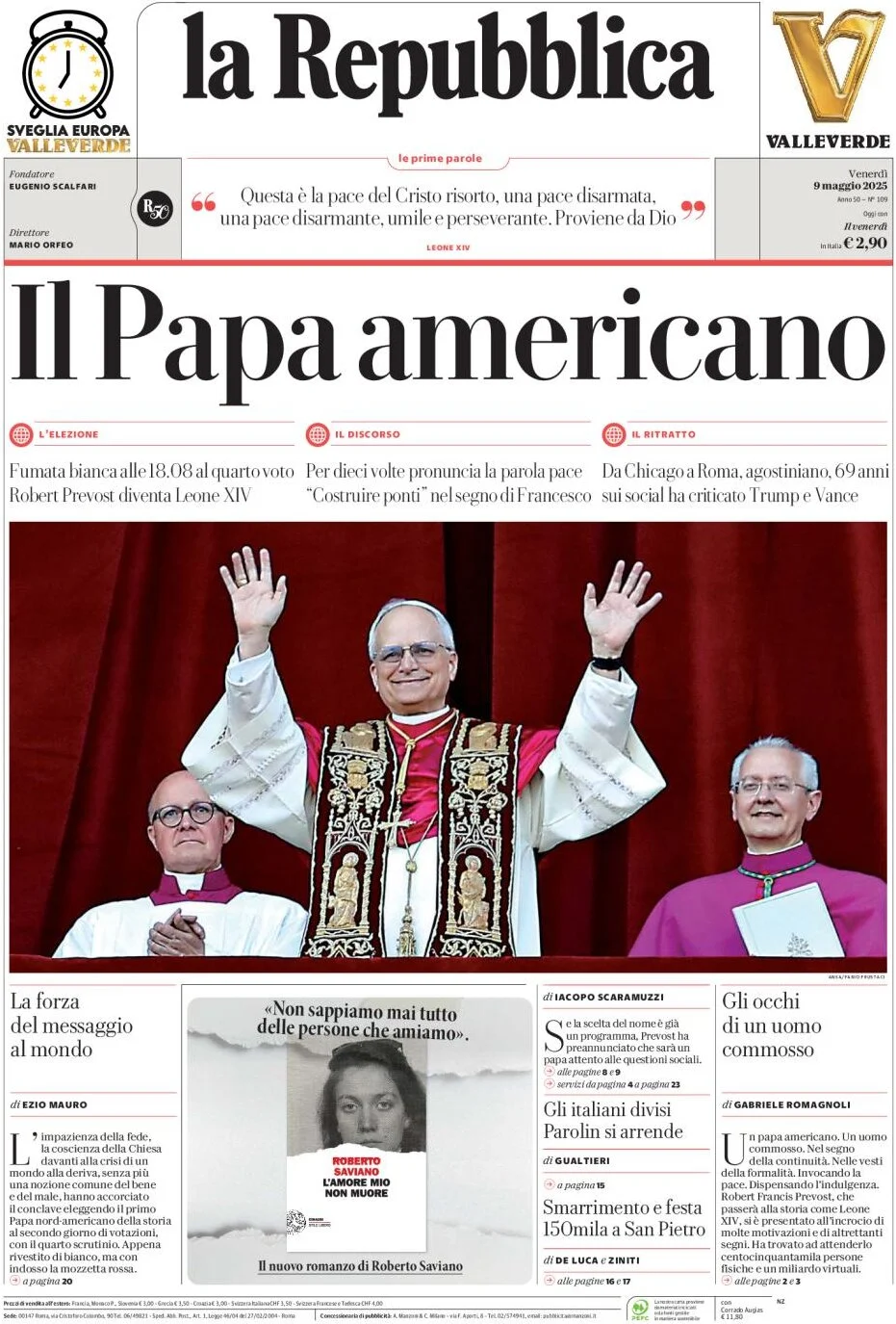 anteprima della prima pagina di la-repubblica del 09/05/2025