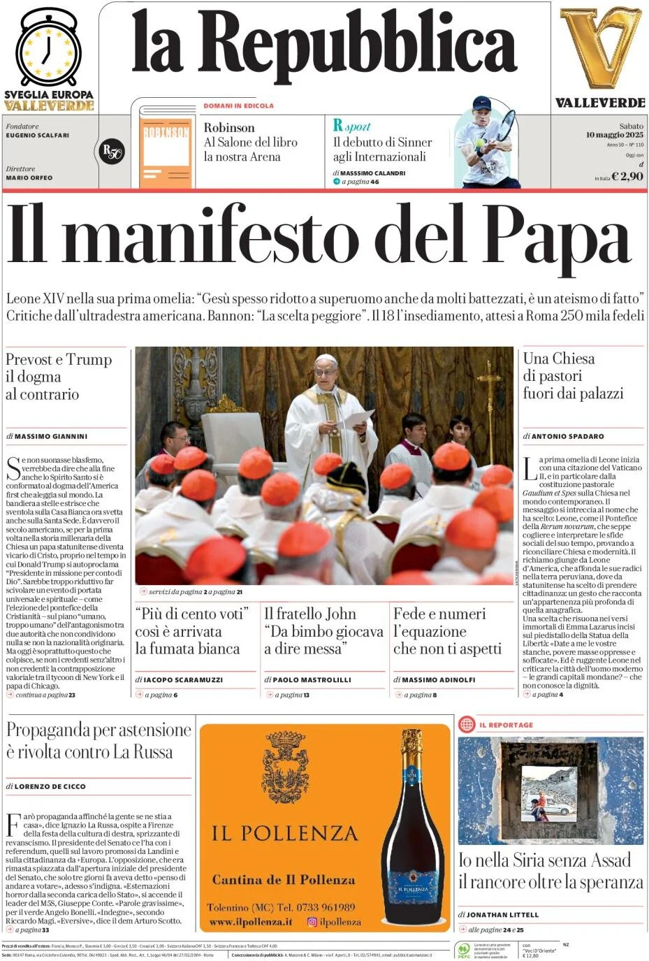 anteprima della prima pagina di la-repubblica del 10/05/2025
