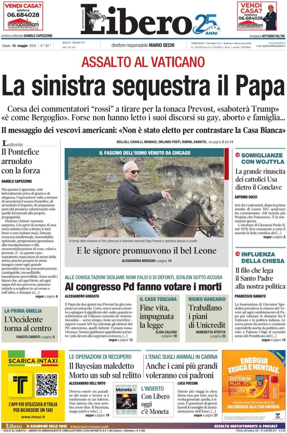 anteprima della prima pagina di libero-quotidiano del 10/05/2025