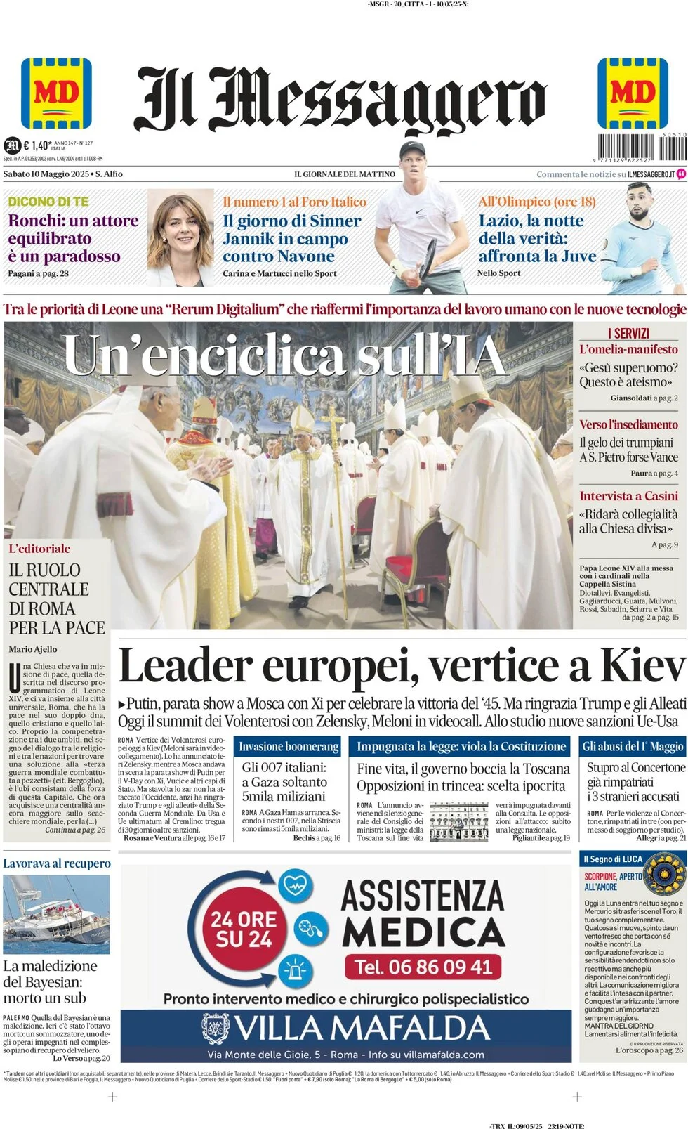 anteprima della prima pagina di il-messaggero del 10/05/2025
