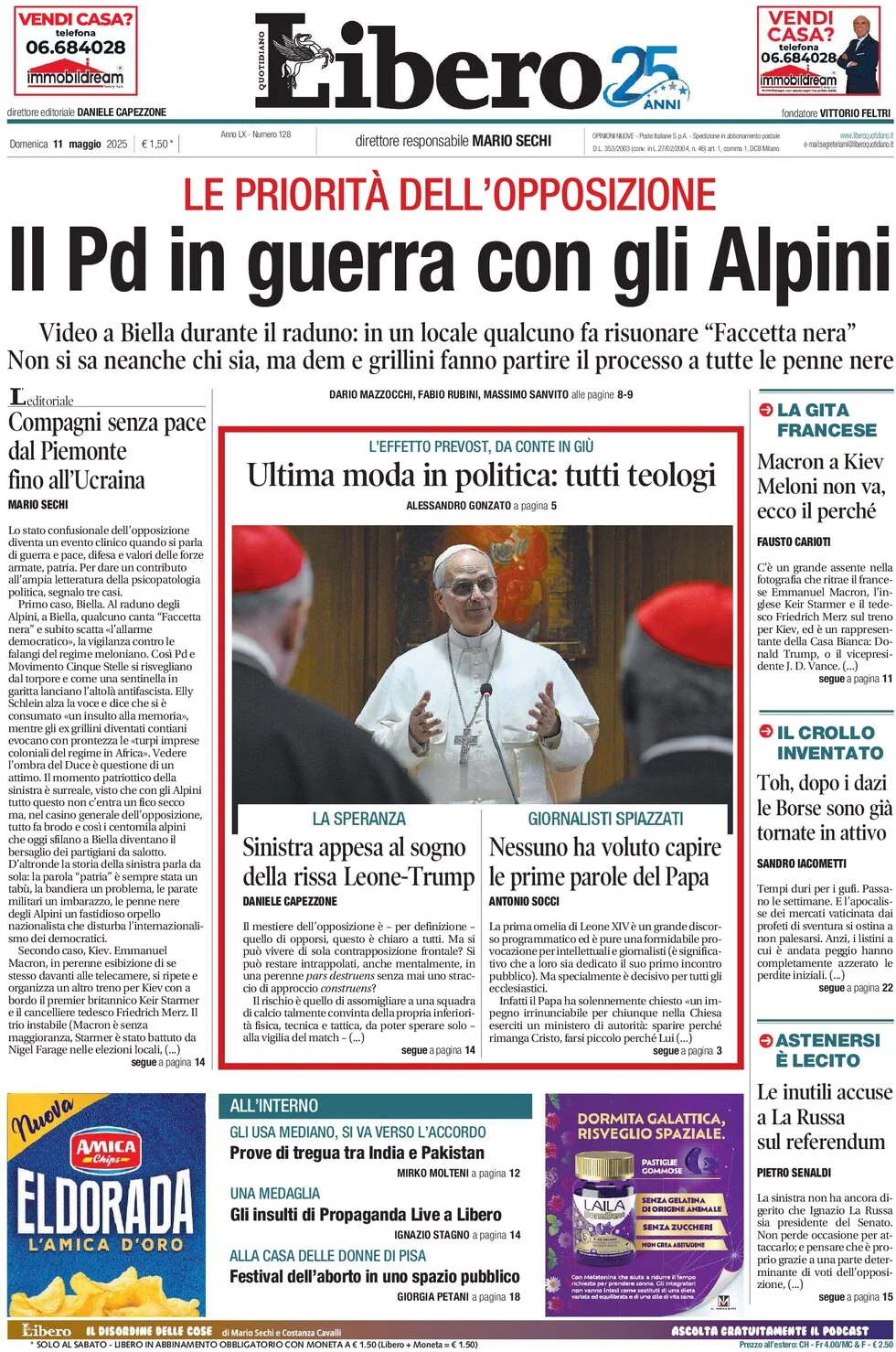 anteprima della prima pagina di libero-quotidiano del 11/05/2025