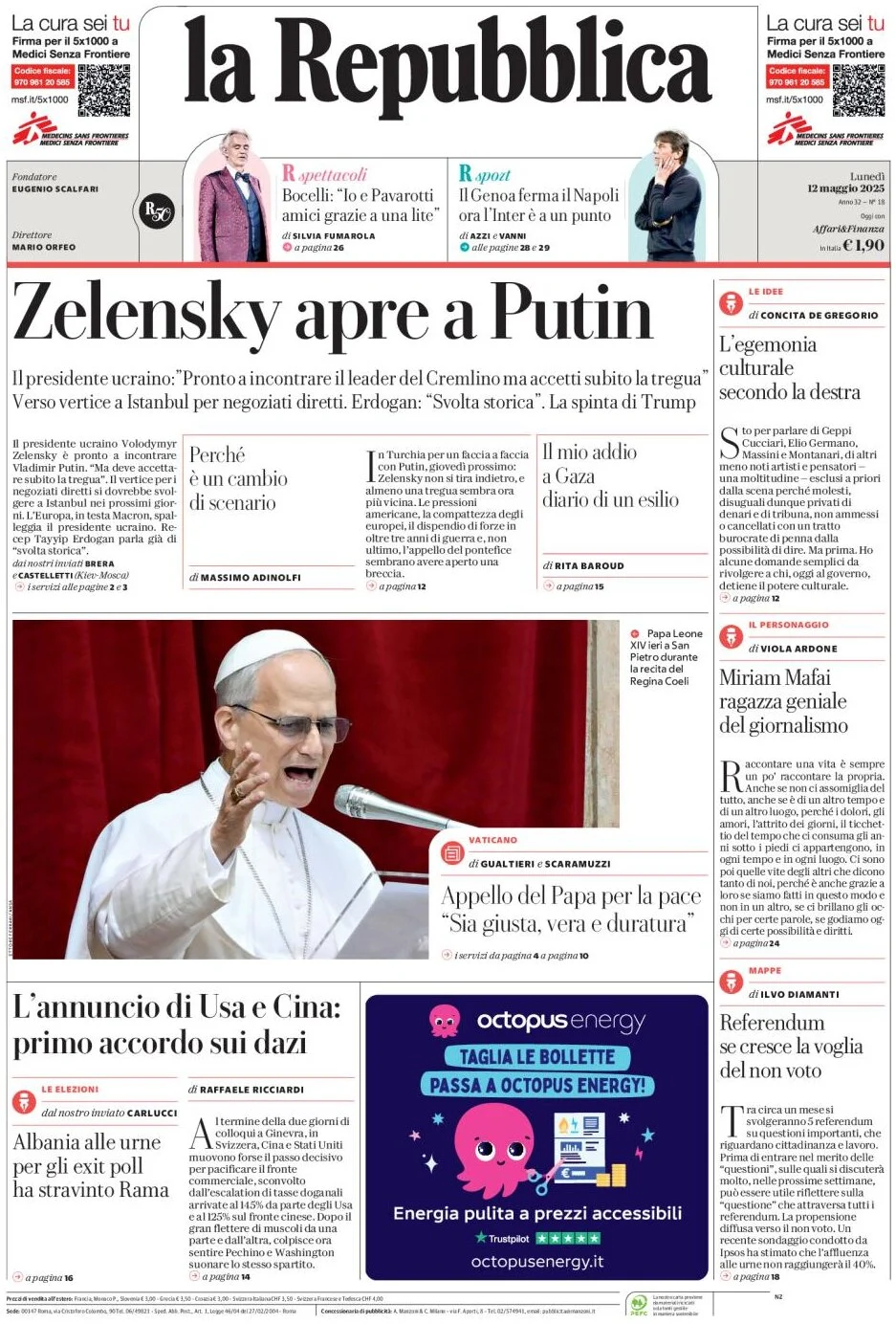 anteprima della prima pagina di la-repubblica del 12/05/2025