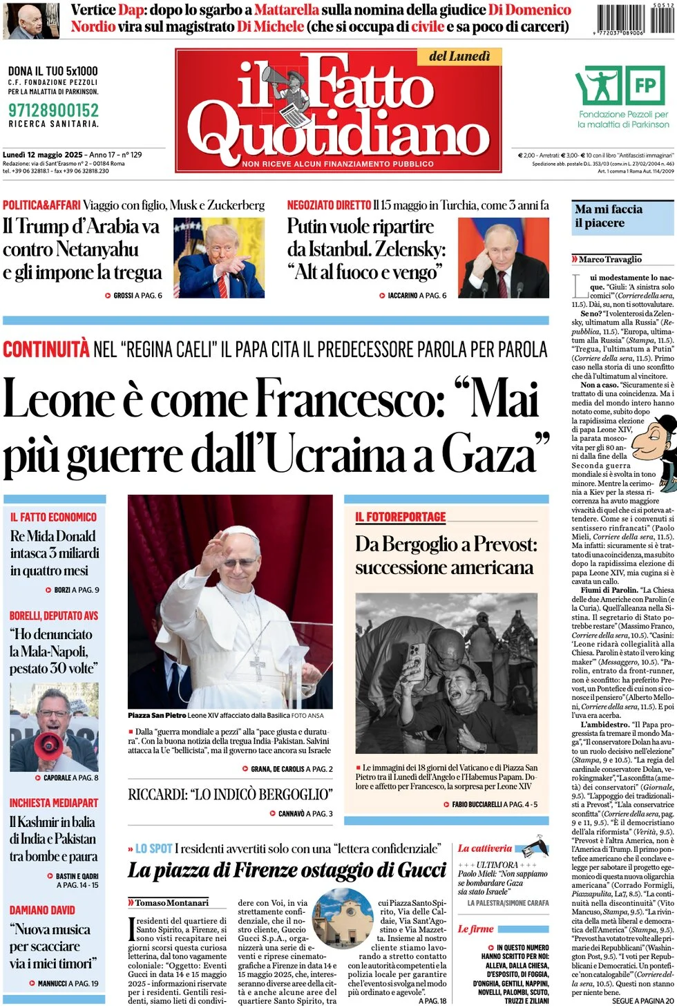 anteprima della prima pagina di il-fatto-quotidiano del 12/05/2025