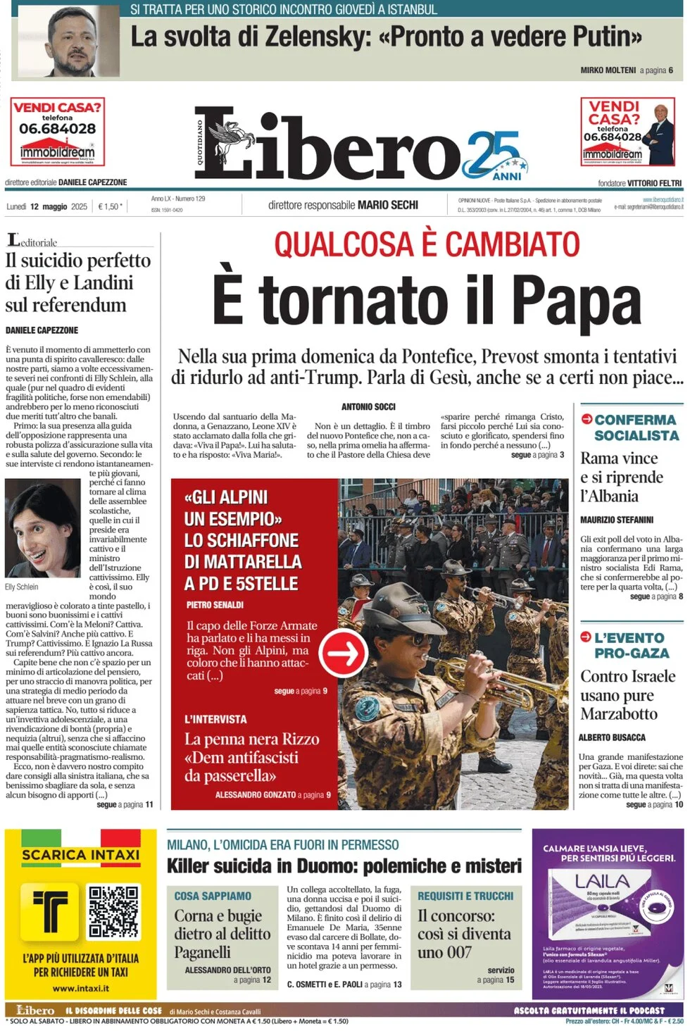anteprima della prima pagina di libero-quotidiano del 12/05/2025